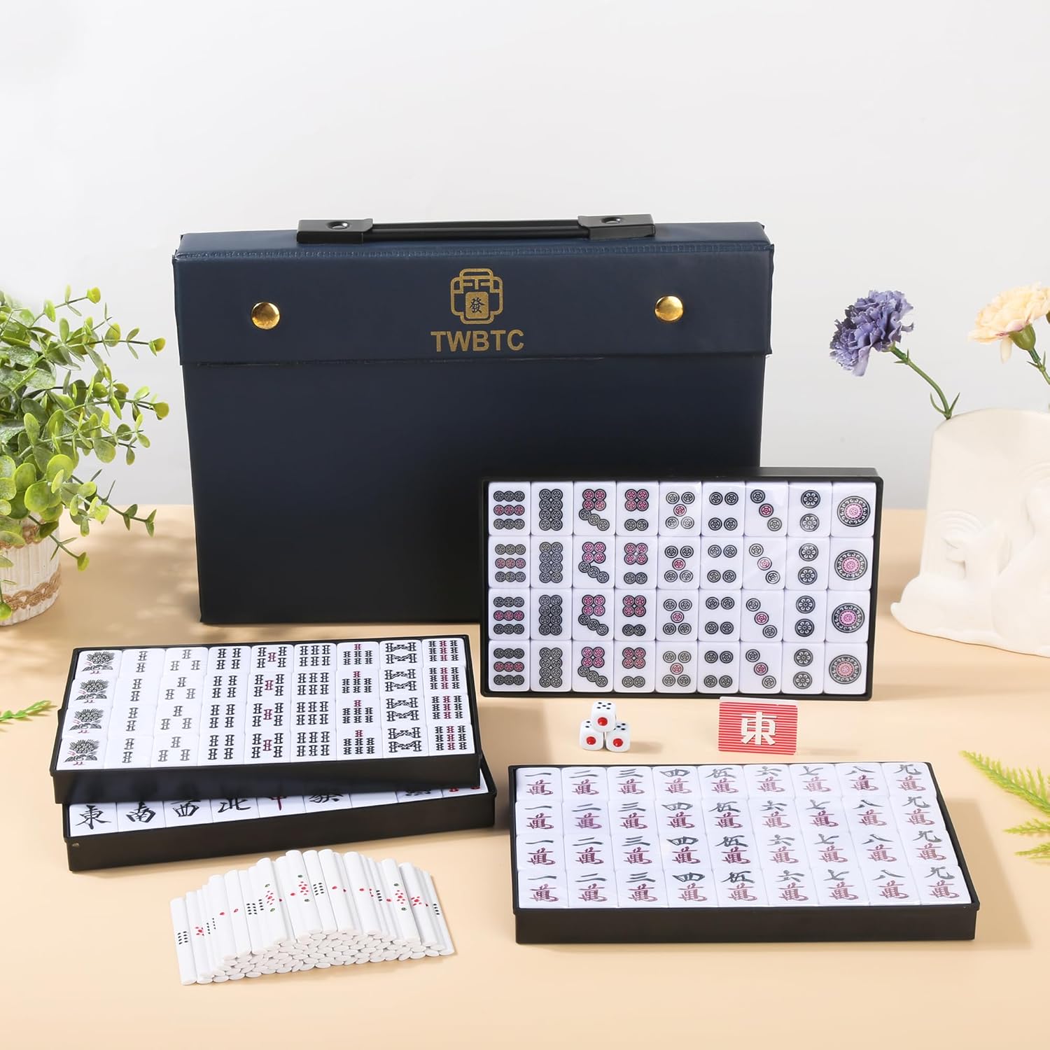 Japanese Riichi Mahjong Set 1.2" Green Tiles with Vinyl Case - 144 Pieces Complete Game Set with Tenbou Sticks, Tile Trays, Dice for Riichi Style Play
