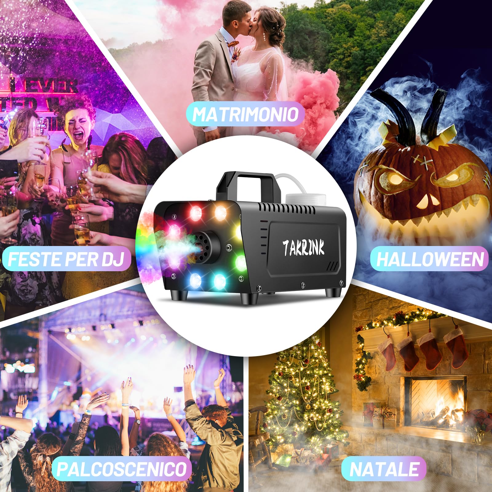 TAKRINK Macchina per Fumo 900W con 8 Luci LED RGB e Telecomando Wireless