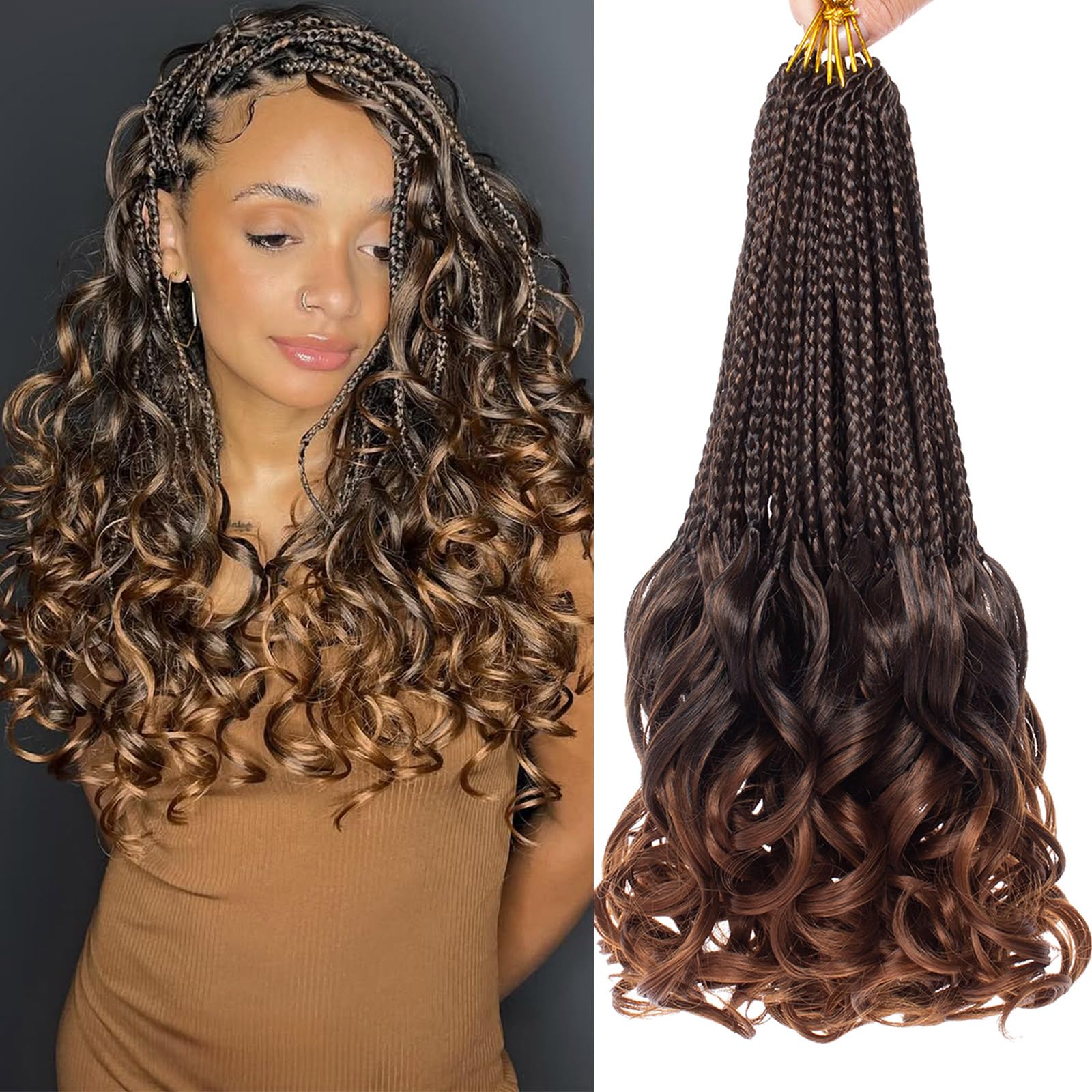 COOKOO 135 Strands 9 PCS French Curly Crochet Braids 14 Inch Pre Looped Ombre Brown Goddess Box Braids Crochet Hair with Curls At The End Bouncy