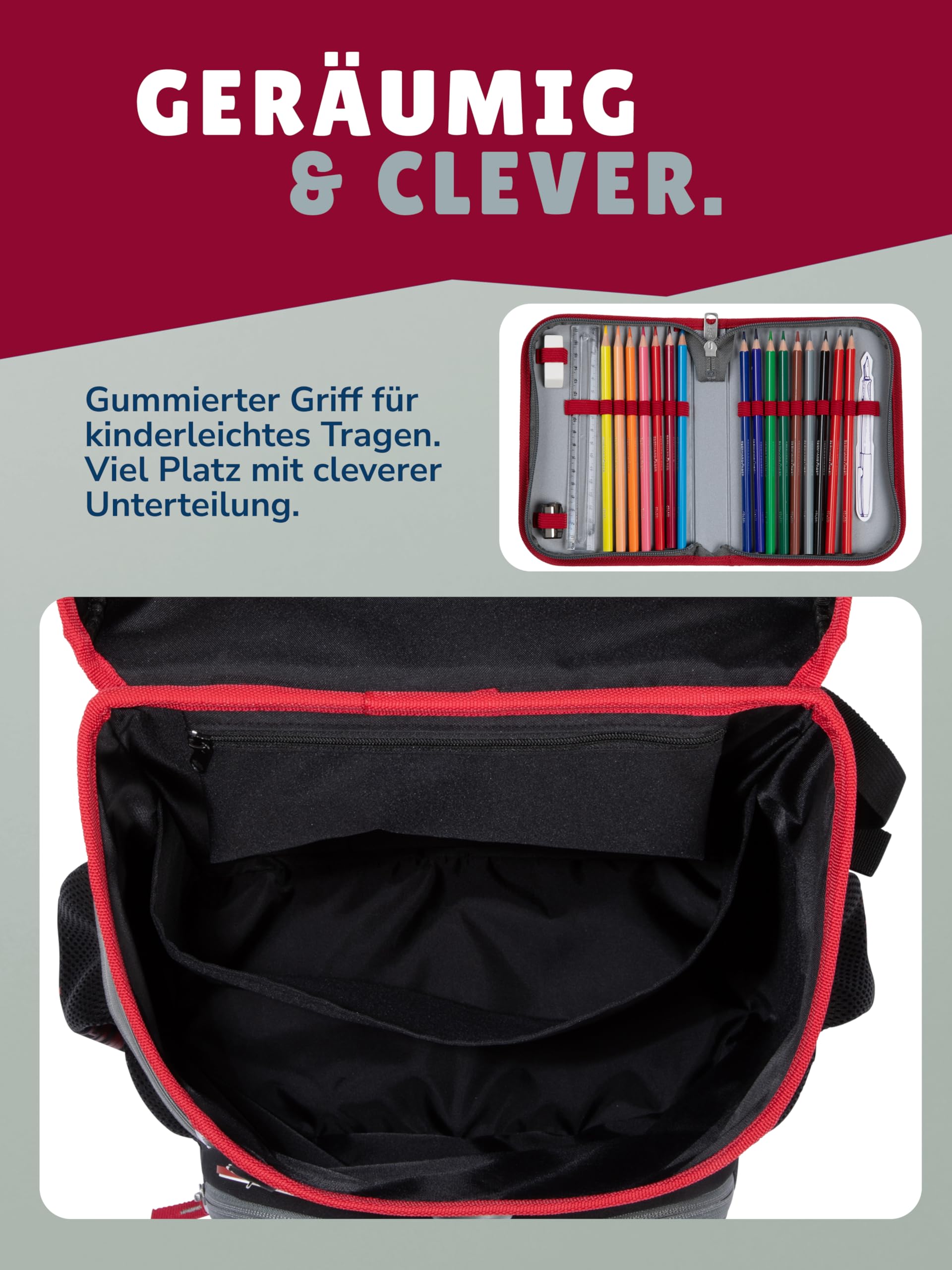Familando - Scooli Campus Fit Schulranzen Set - 9-teilig mit Sporttasche - 1. FC Nürnberg (1. FCN) - Für Fußball Fans - Ergonomisch & 980g leicht - 18L Volumen - Brustgurt & Reflektoren - ab 1. Klasse