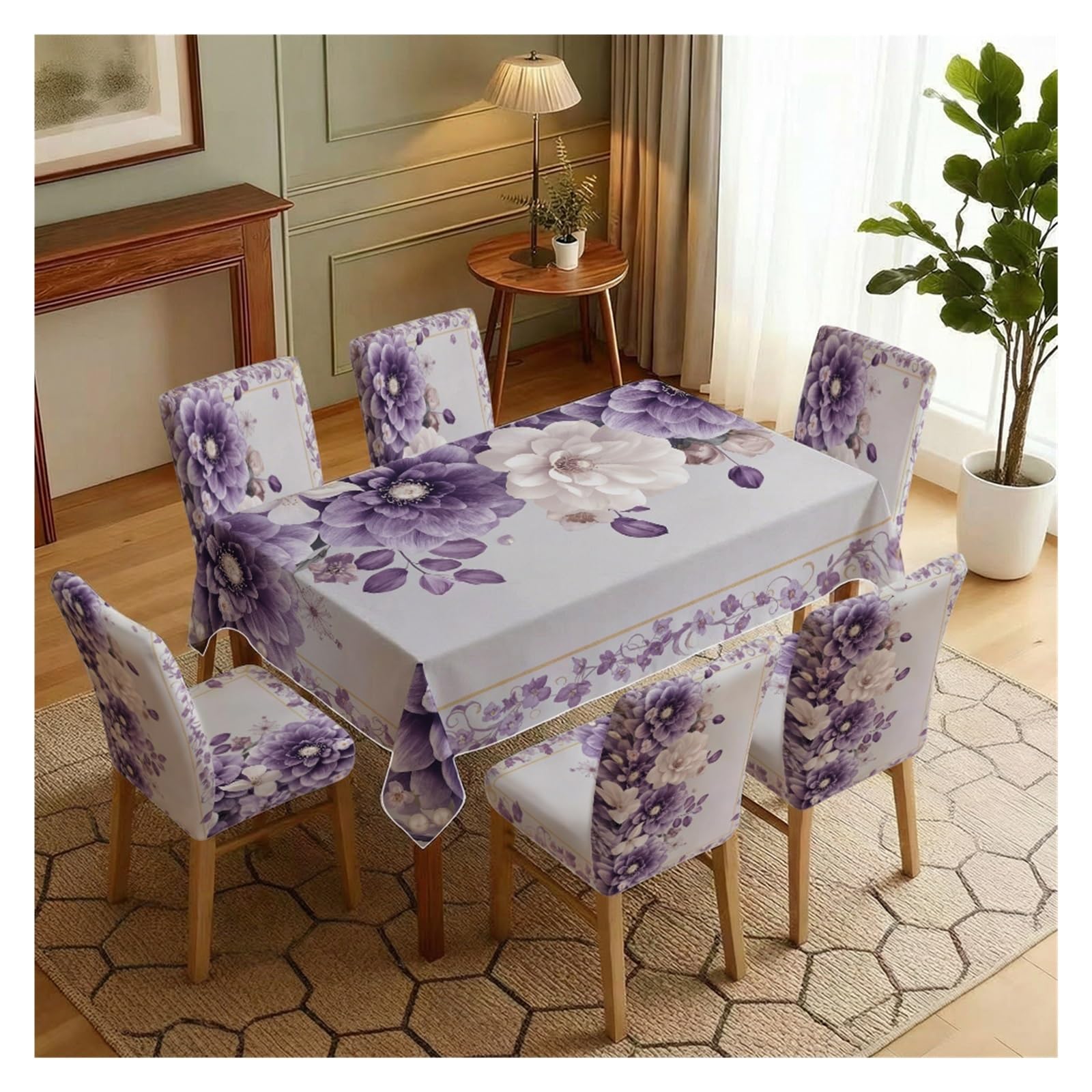 KXUAUV Stretch Dining Chair Slipcover & Tablecloth Set, Purple Floral Print, 5/7 Pack, Elegant Dining Room Kitchen Home Decor Party Decor(7pcs Set: Tablecloth+Chair Covers)