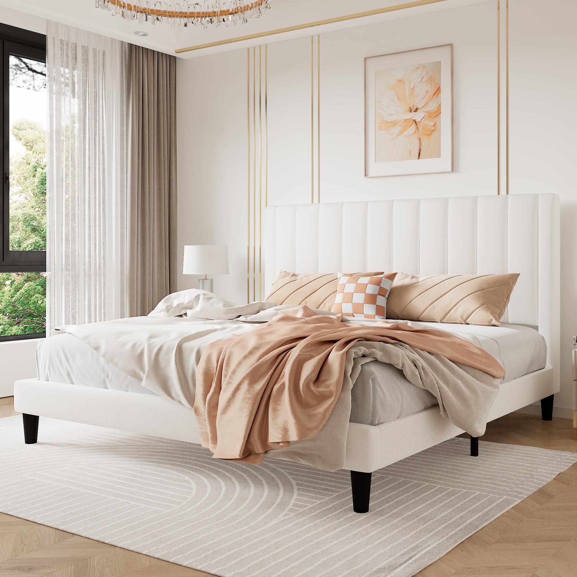 SHA CERLIN King Bed Frame/Velvet Upholstered Platform Bed Frame with Headboard/Strong Wood Slats Support/Mattress Foundation/No Box Spring Needed/Easy