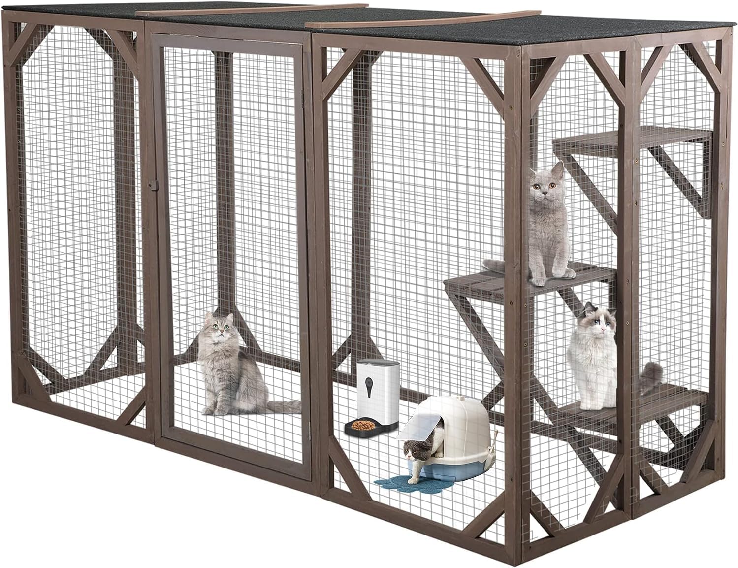 NBTiger Wood Cat Enclosure Catio Cage Pet Playhouse Run House Cage with 3 Activity Platforms, Small Animals Outdoor Pet Kennel Playpen 71'' x 32'' x