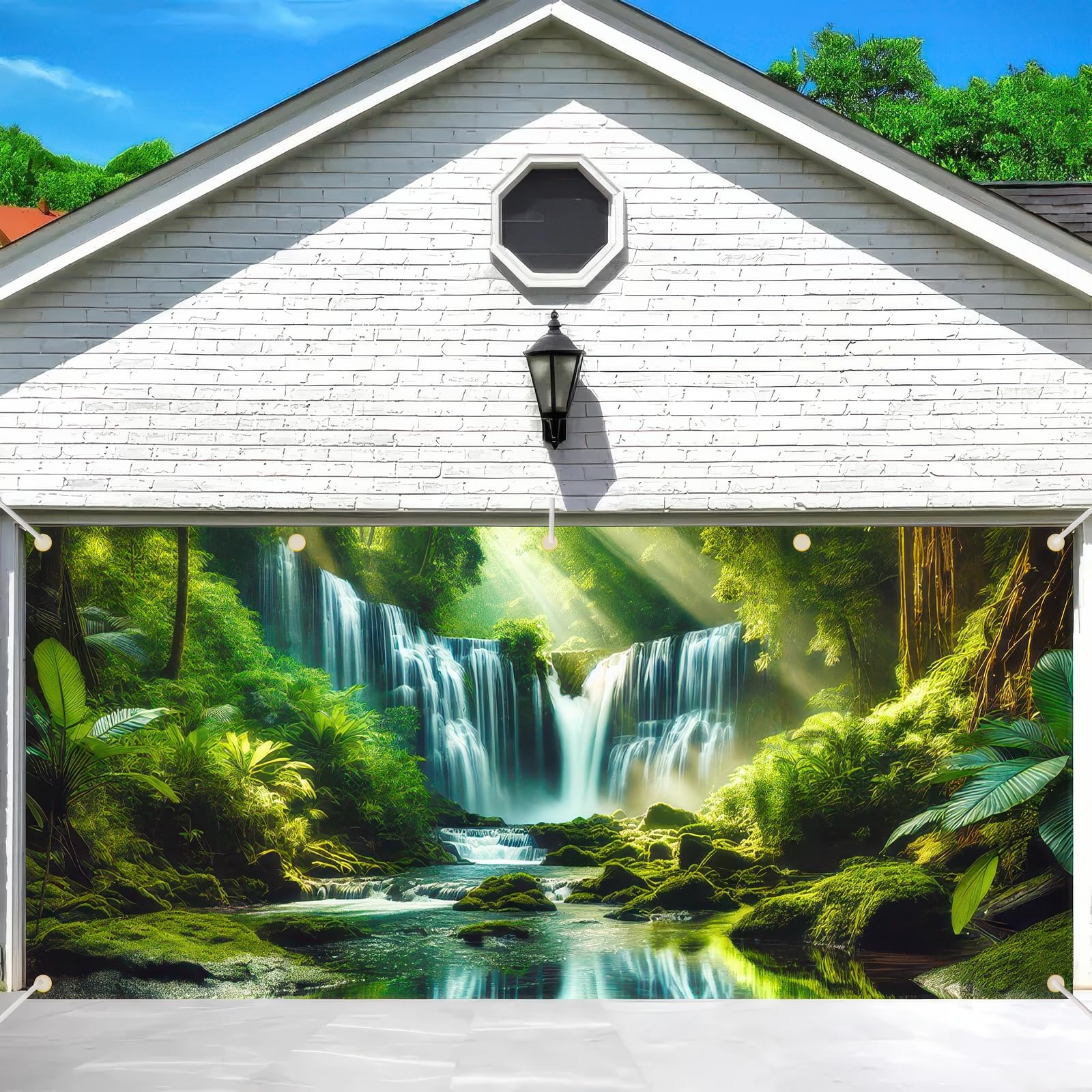 BlissYard 13x6ft Spring Summer Garage Door Banner Natural Forest Scenery Backdrop Tropical Waterfall Decor Garage Door Cover Background for Party