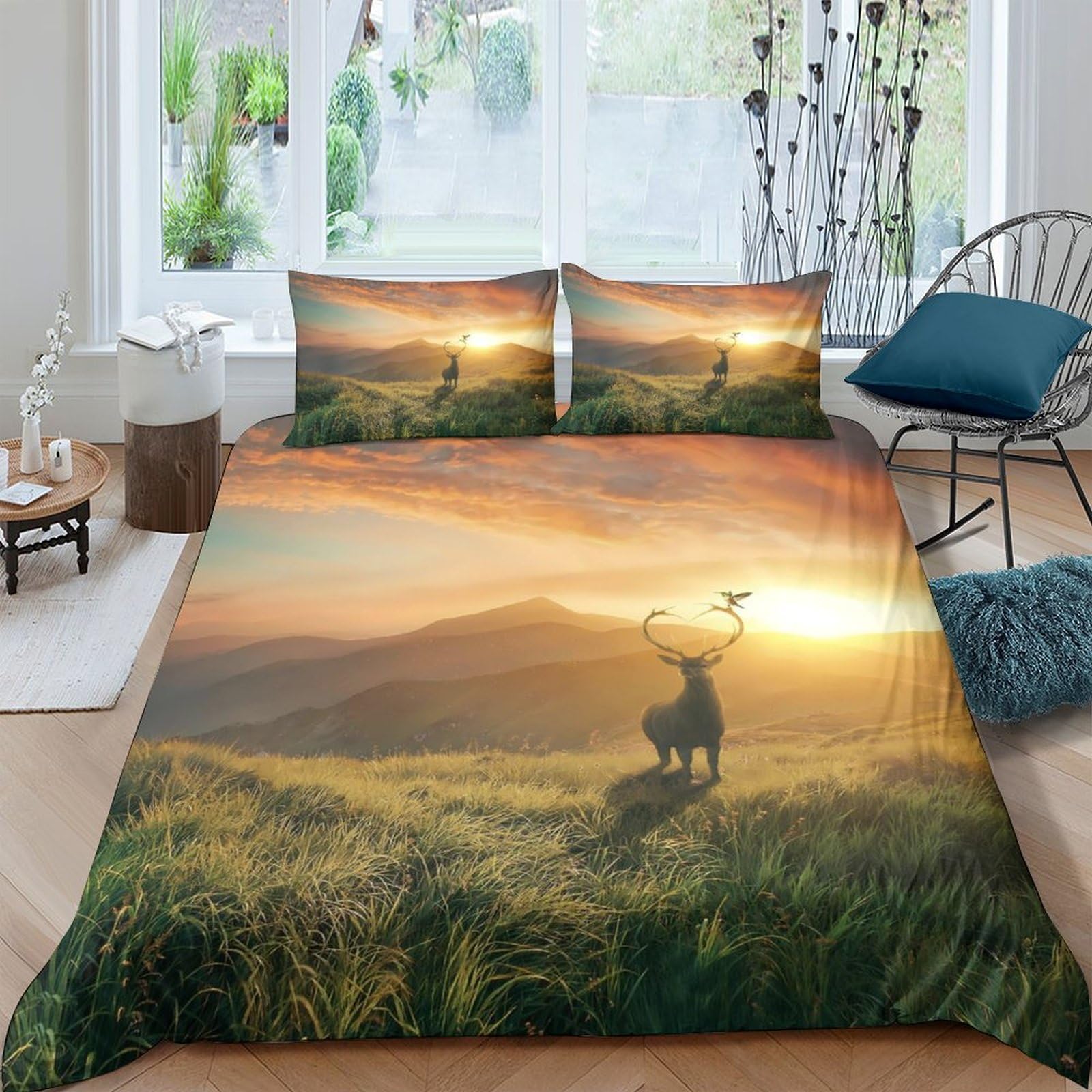 Ctjqhvkz Style-3 3D Printed Sunrise Meadow Fitted Sheet Microfiber Soft Breathable Deer Landscape Mattress Cover For Bedroom Decor Single（135X200cm）