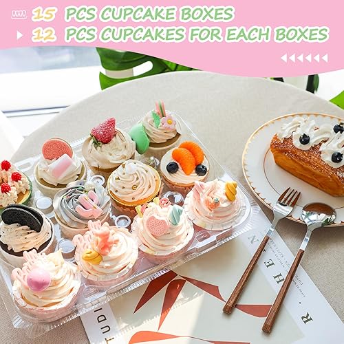 Miniatura 3 de Moretoes Cupcake Containers(12 Pack x 15 Sets), 12.5 x 10 x 3.75 Cupcake Boxes, 12 Pack Cupcake Carrier Holders Plastic Cupcake Boxes with