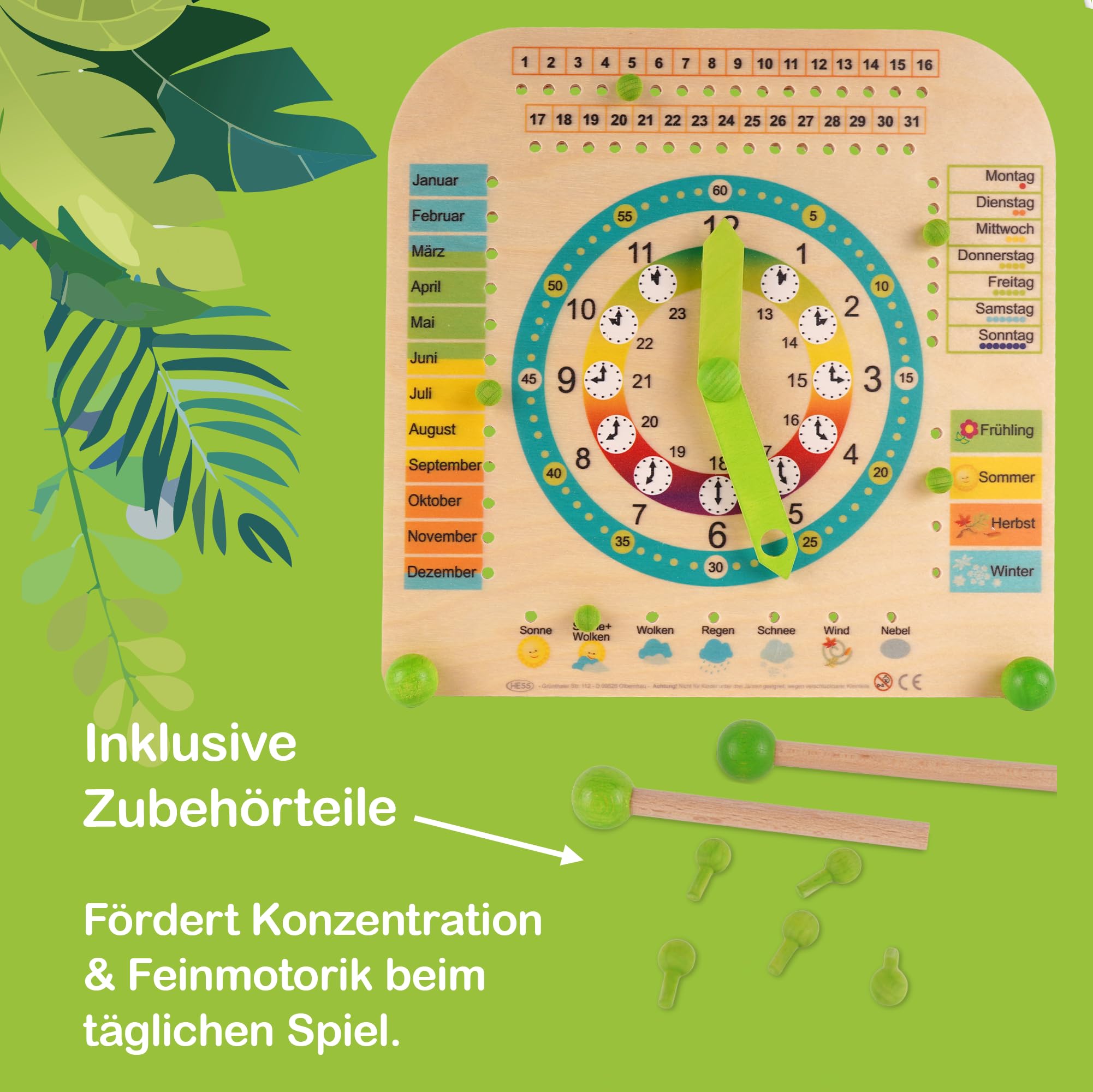 HESS Since 1990 - Lernuhr für Kinder mit Kalender, aus Holz, 25cm x 25cm, aus dem Erzgebirge