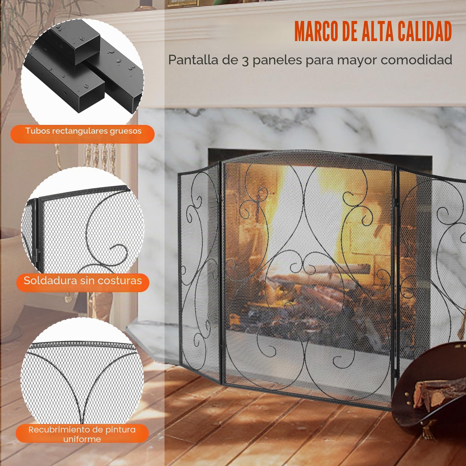 VEVOR Pantalla para Chimenea 3 Paneles Salvachispas para Chimenea de Hierro 121,9x76,7 cm Protector Chimenea Independiente, No Requiere Ensamblaje para Sala de Estar Decoración del Hogar, Negro