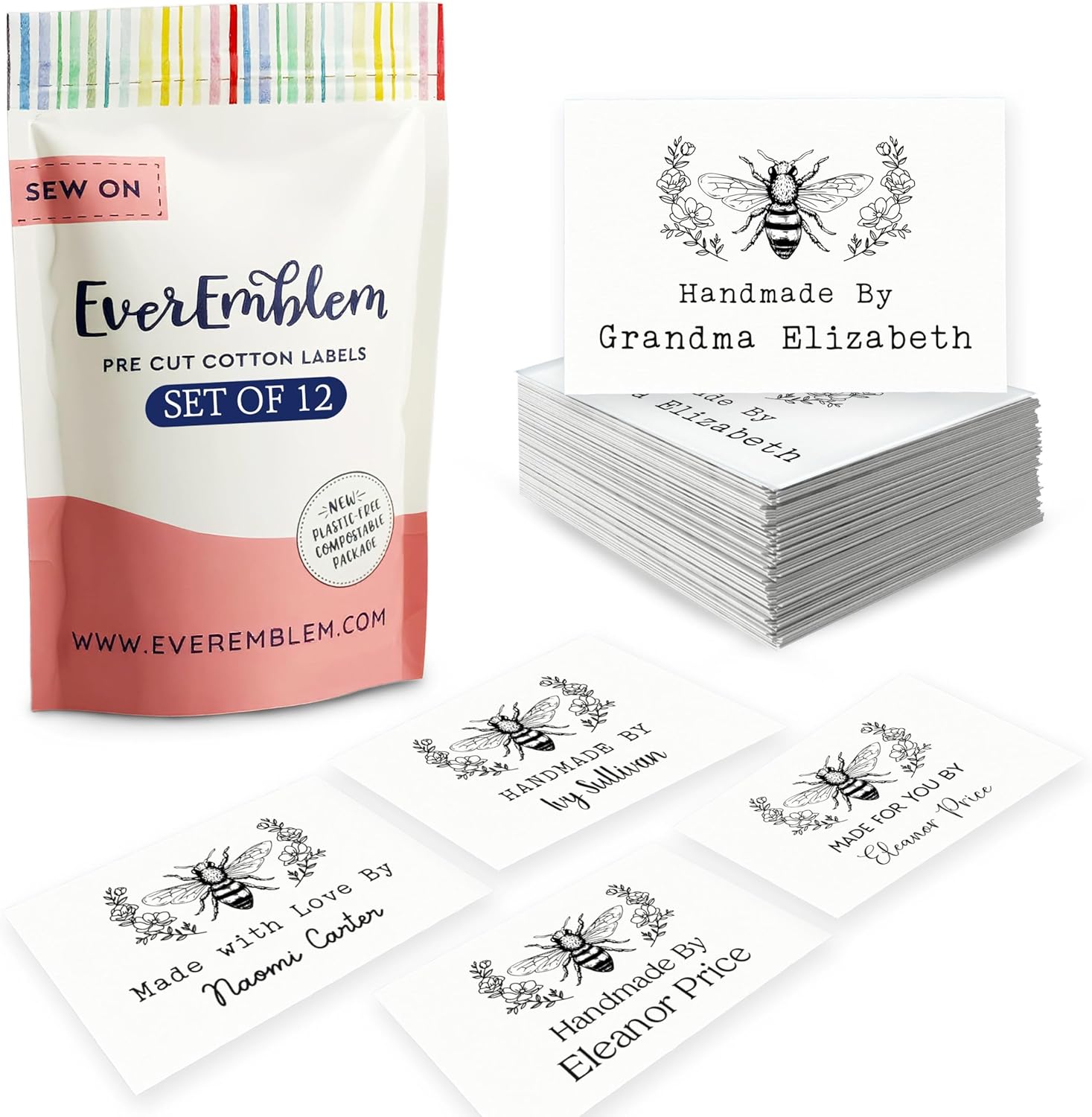 Personalized Cotton Fabric Tags 2”x3” Each | Custom Sewing Labels, Set of 12 Labels – Sew On or Iron On – Gift for Quilters, Knitters, Grandma – Machine Washable Quilt Tags - Floral bee