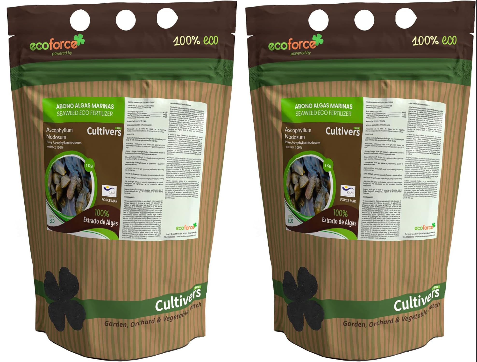 CULTIVERS Abono de Algas Marinas puro 2x1 Kg. Fertilizante Orgánico Ecológico Polvo Soluble. Extracto de Algas 100%. Fertilizante Bioactivador a Base de extractos de Ascophyllum nodosum.
