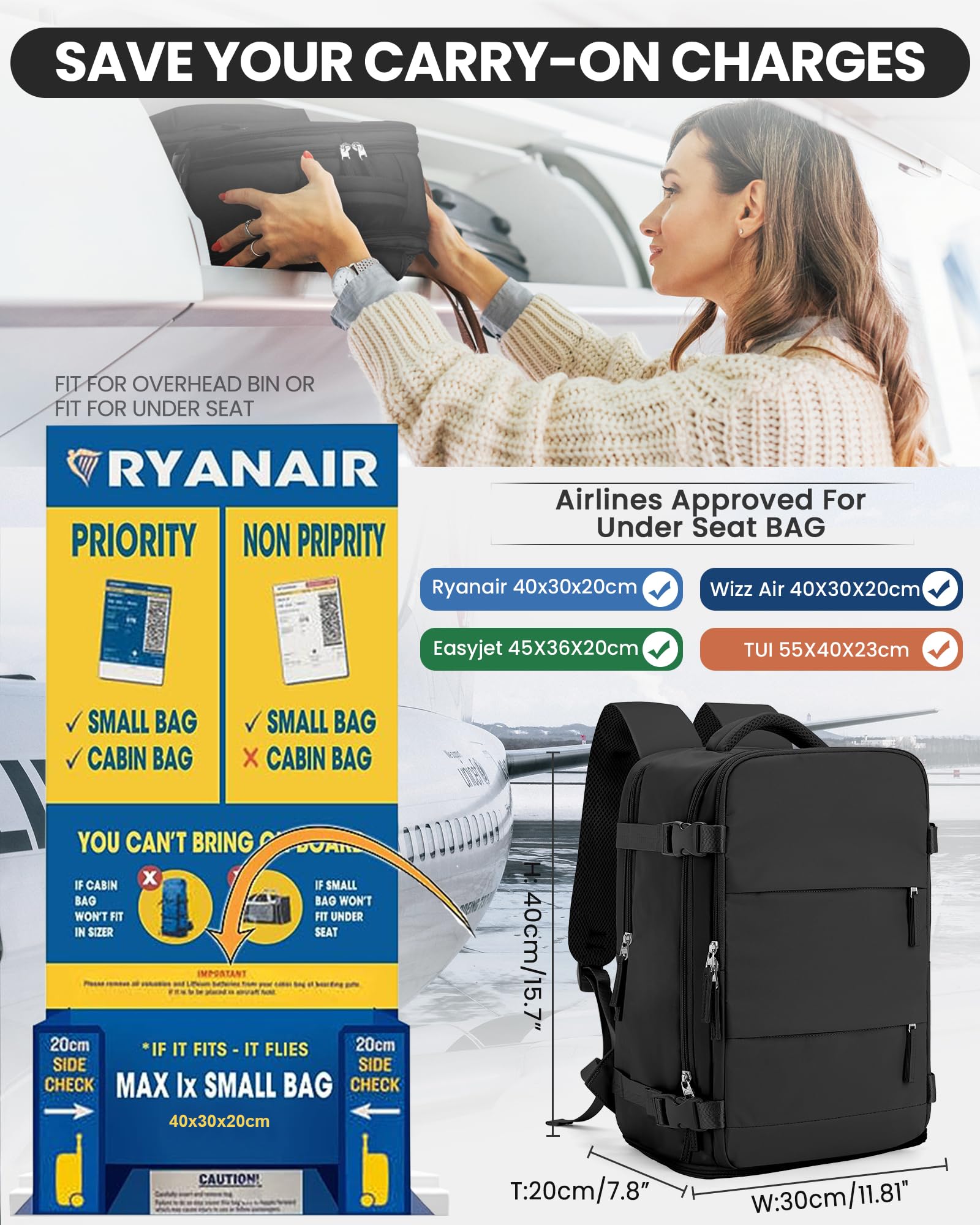Vakuum Rucksack Ryanair Handgepäck 40x30x20 Reiserucksack Wasserdichter Unter Dem Sitz Handgepäck Rucksack Flugzeuge Reisetasche Weekendertasche Wanderrucksack Lässiger Tagesrucksack,M1-schwarz