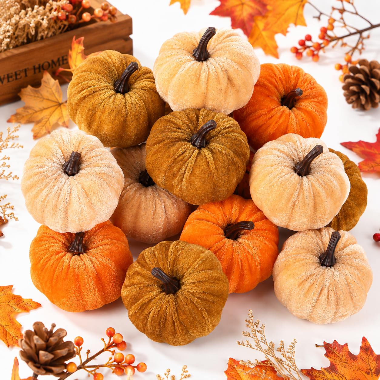 Foluu Velvet Mini Artificial Pumpkins, 12 Pcs Mini Faux Pumpkins(6×2.2"+6×2.7"), Faux Foam Pumpkins, Autumn Harvest Halloween Decorations for Home, Table, Mantel, Tiered Tray