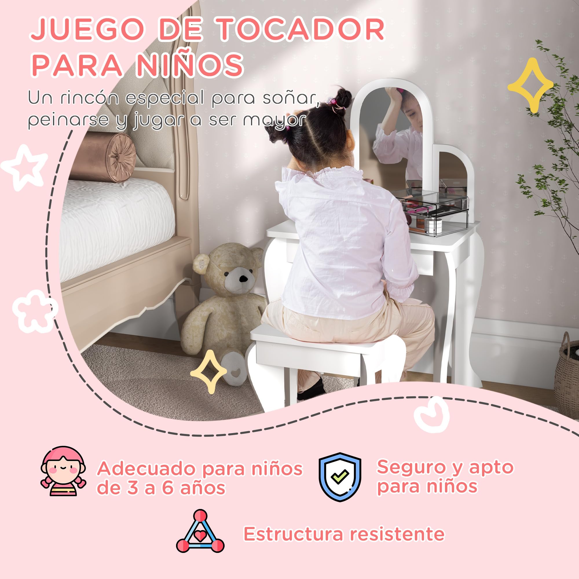 HOMCOM Tocador Infantil con Taburete y Espejo, Tocador para Niñas con Cajón, Mesa de Maquillaje para Niños y Niñas de 3-6 Años, Blanco