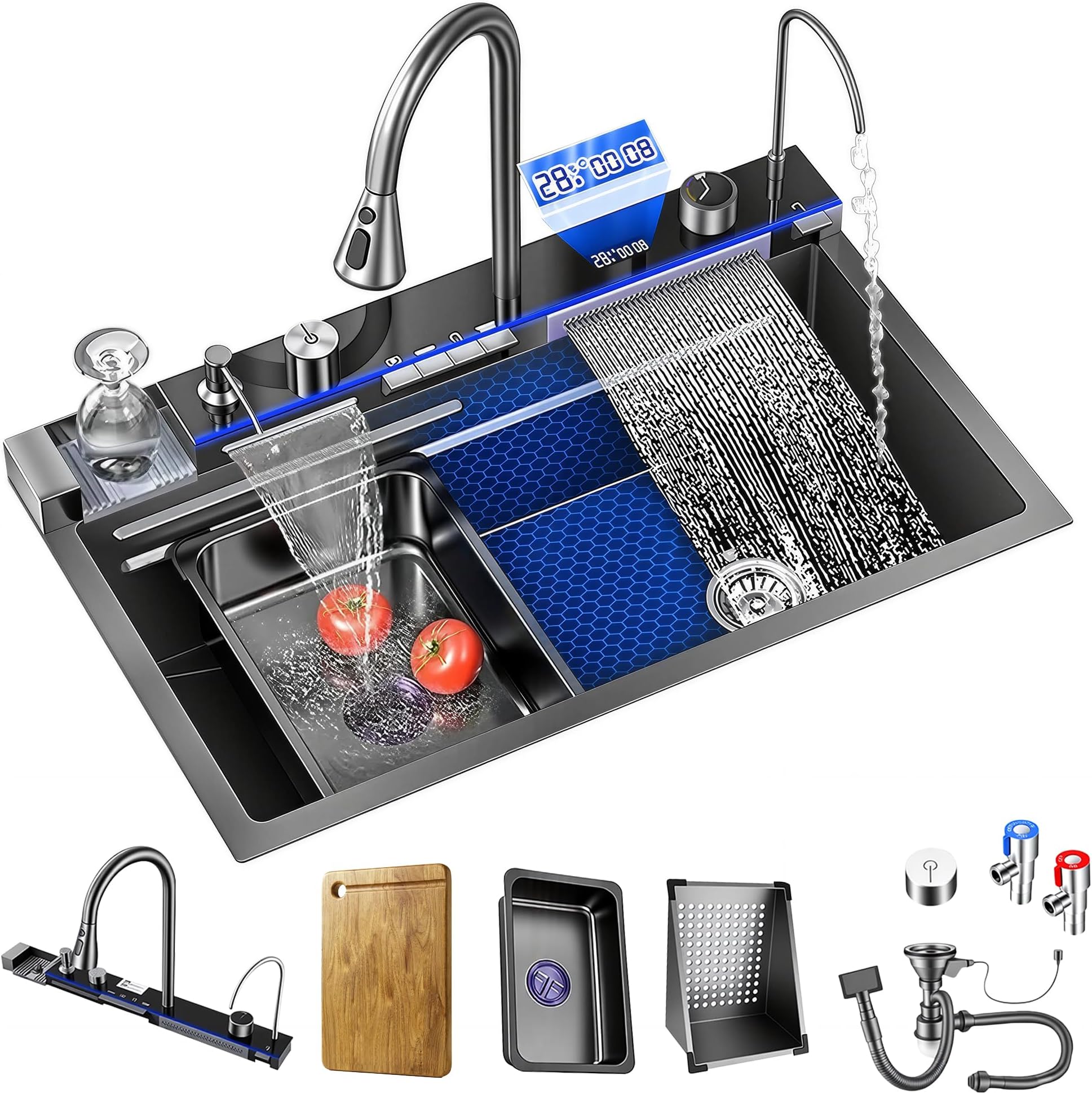 Smart Waterfall Kitchen Sink, 31.5 * 17.7 Inch Drop In Stainless Steel Sink with Digital Display, Large Single Bowl Workstation with Pull-Out Faucet & Multi-Function Spray
