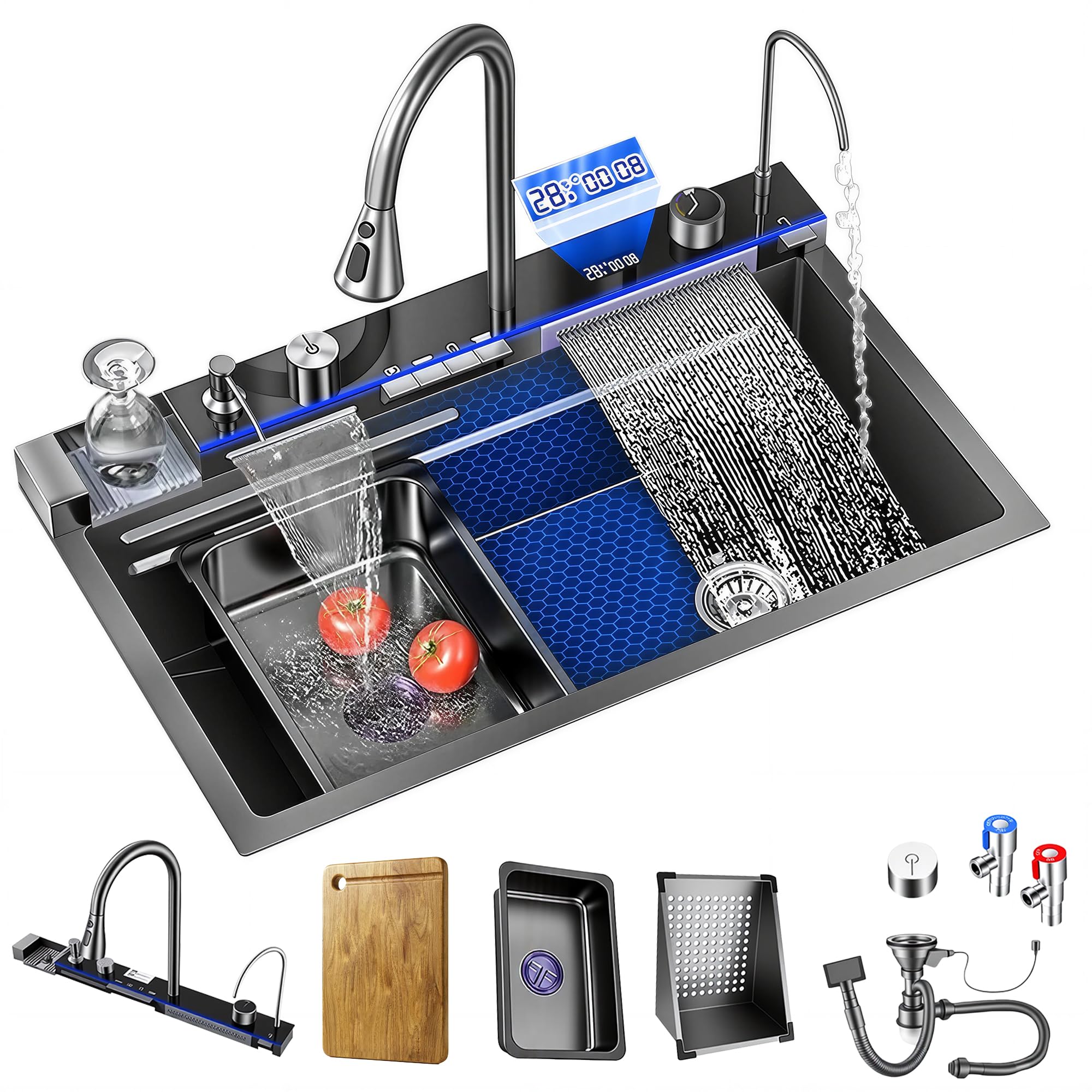 Edelstahl Spülbecken, 80 x 45 cm Küchenspüle, mit LED-Anzeige, Großvolumige Einzelwanne, Ausziehbarer Wasserfall-Wasserhahn, Überlaufvorrichtung und Ablaufgarnitur Sowie Diverses Zubehör.