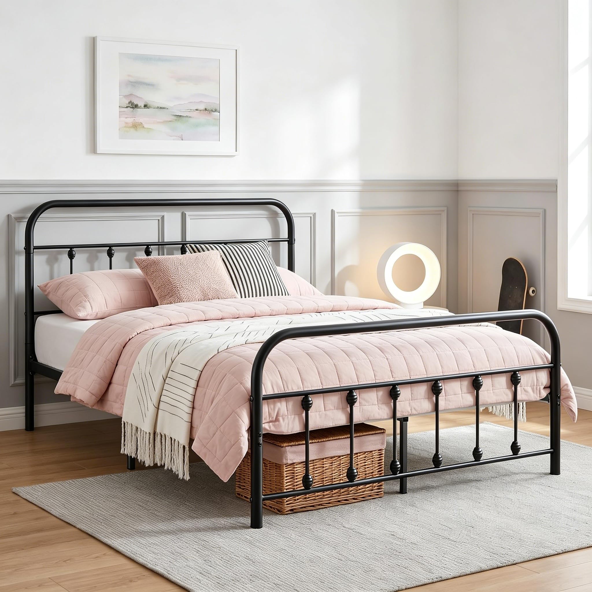 Panana Bed Double 4FT6 Metal Steel Frame Black Vintage Victorian Hospital Style (Black, 4FT6)