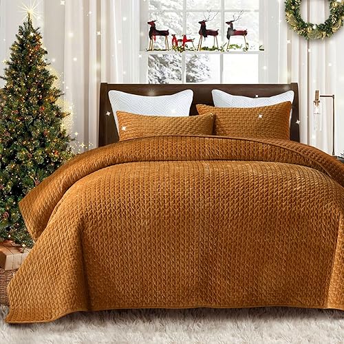 Grassix Juego de edredón de terciopelo tamaño King, juego de ropa de cama de 3 piezas de punto de cruz, juego de edredón ligero de verano, colcha