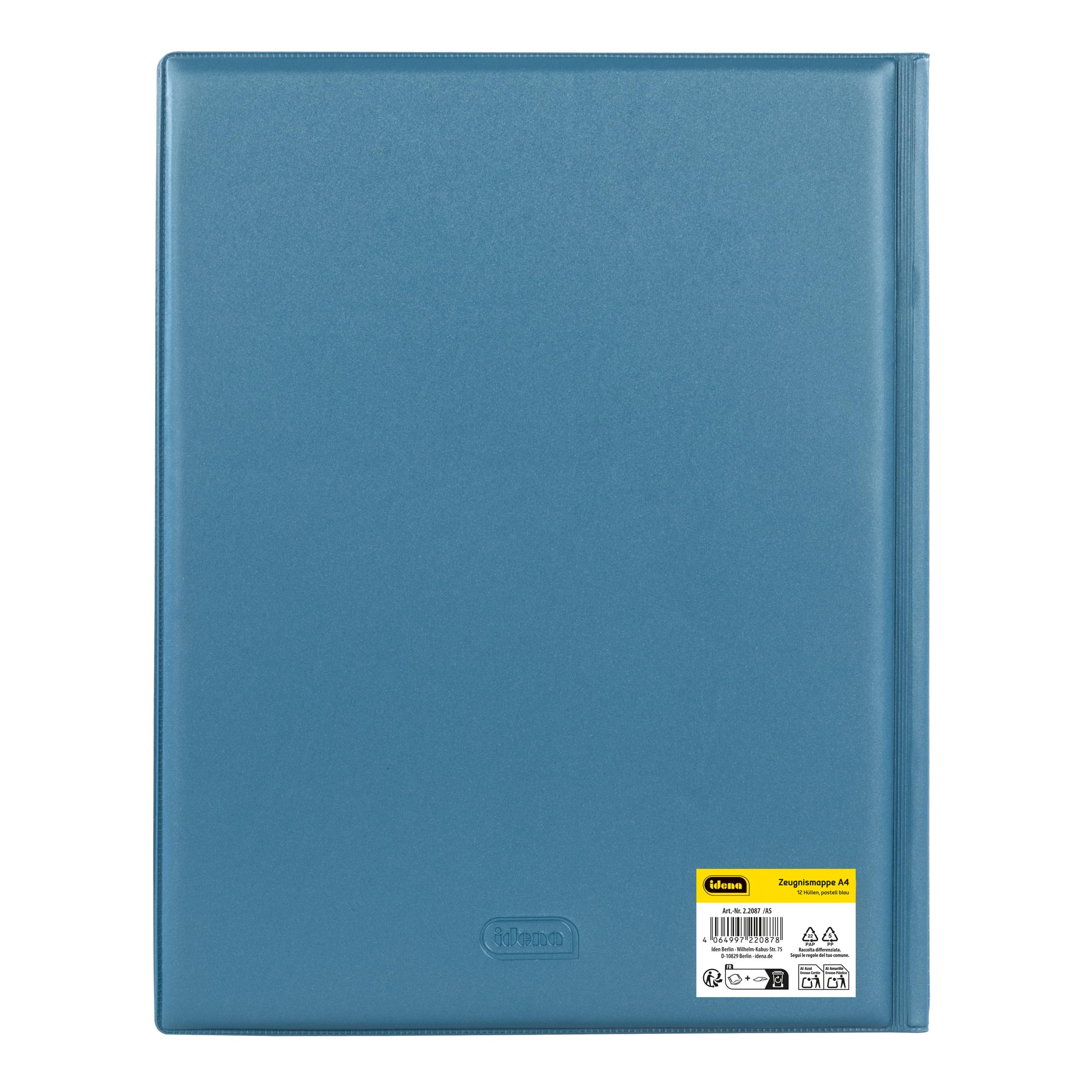 Idena 22087 - Cartella per pagelle con 12 buste trasparenti, cartellina per documenti A4, raccoglitore a vista in blu pastello, cartellina per pagelle, documenti e molto altro