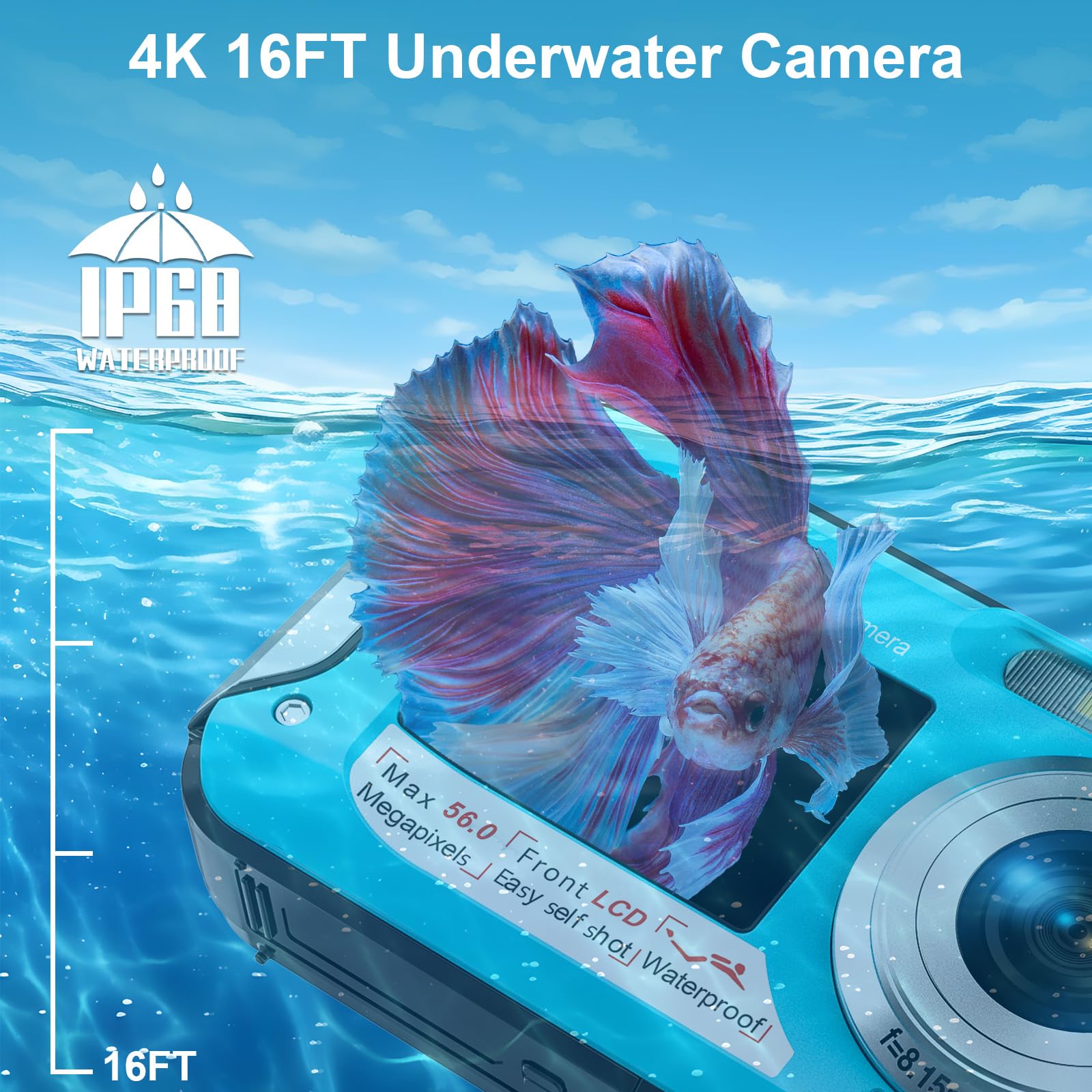 Unterwasserkamera, YISENCE UHD 4K 56MP Autofocus Digitalkamera wasserdichte mit Einer 32GB Karte Selfie Doppelte Bildschirme wasserdichte Kamera zum Schnorcheln