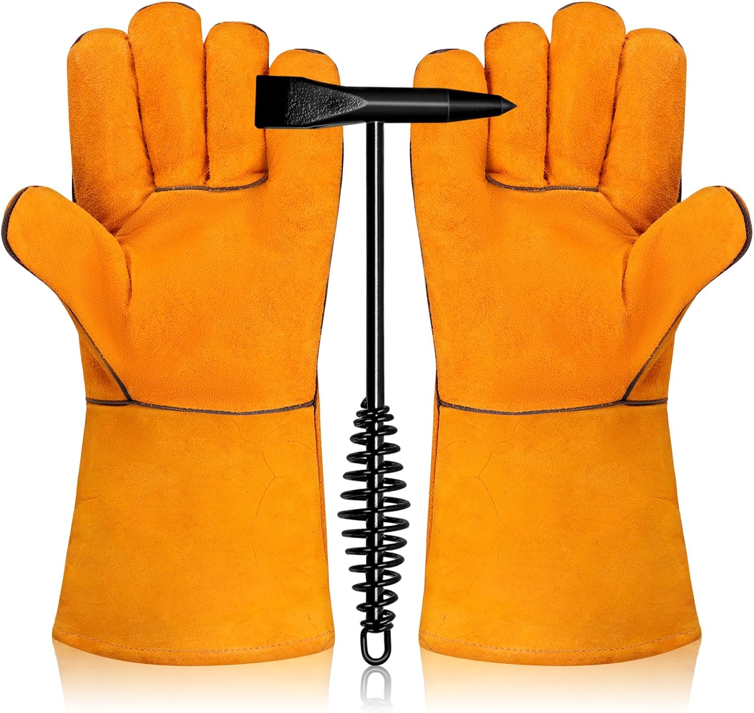 Hilitchi 2Pcs Welding Slag Removal Tool Include 10'' Welding Chipping Hammer with Coil Spring Handle, 11.3'' Welding Leather Gloves, Slag Removal Tool Kit for Removing Slag and Welding Residue