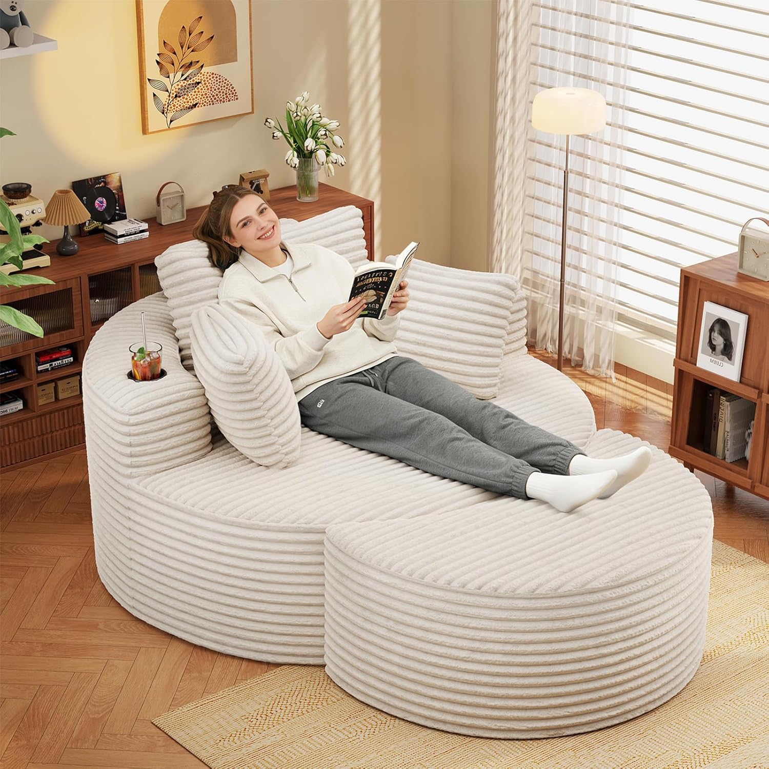 Round Chaise Lounge with Ottoman, 74.6" Oversized Cloud Comfy Boneless Sofa Chair Deep Seat Reading Circle Couch No Assembly Required for Living Room Bedroom Apartment, Beige