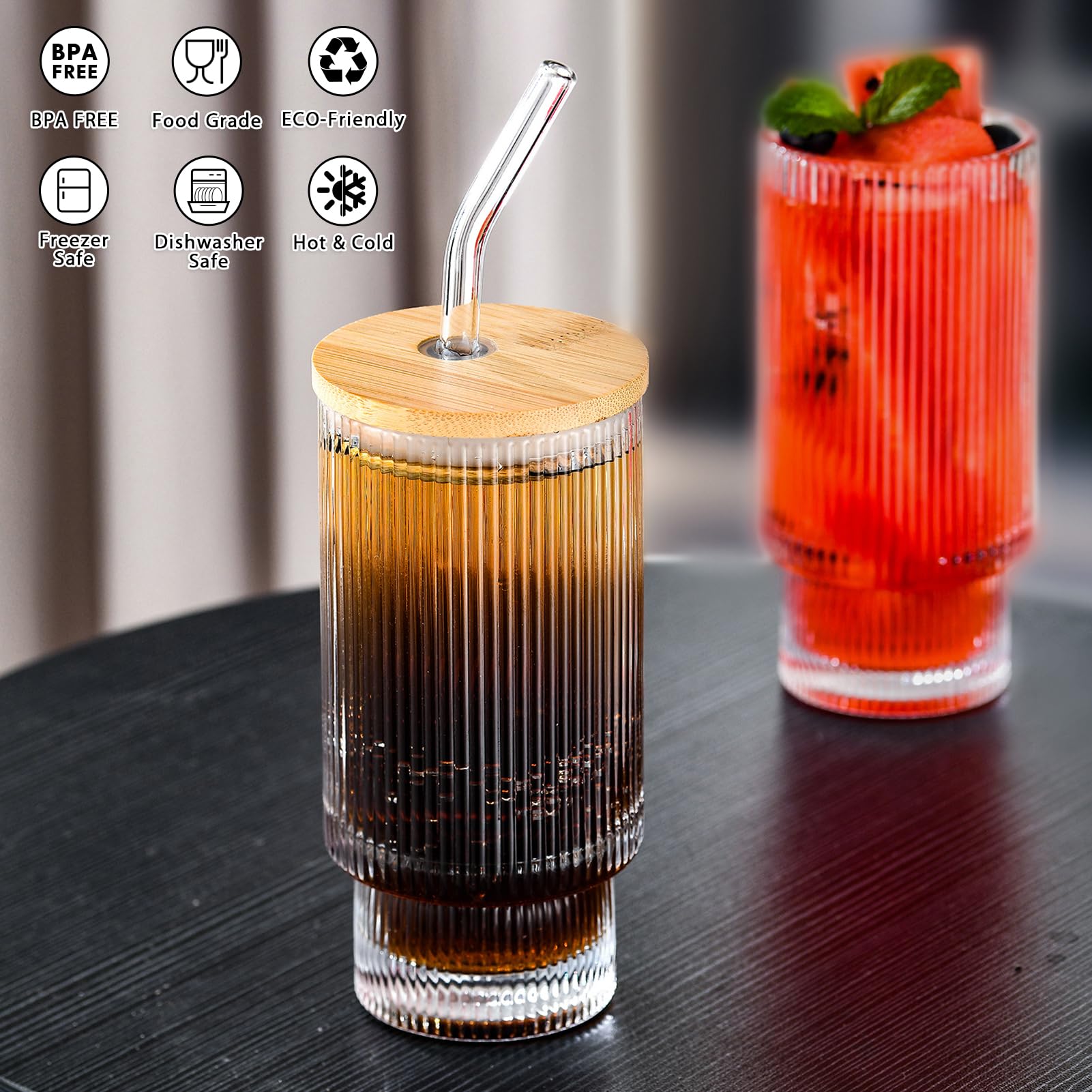 Set De 2 Verres à Cocktail En Verre Borosilicate 530 Ml - Avec Couvercle, Paille En Verre Et Brosse De Nettoyage