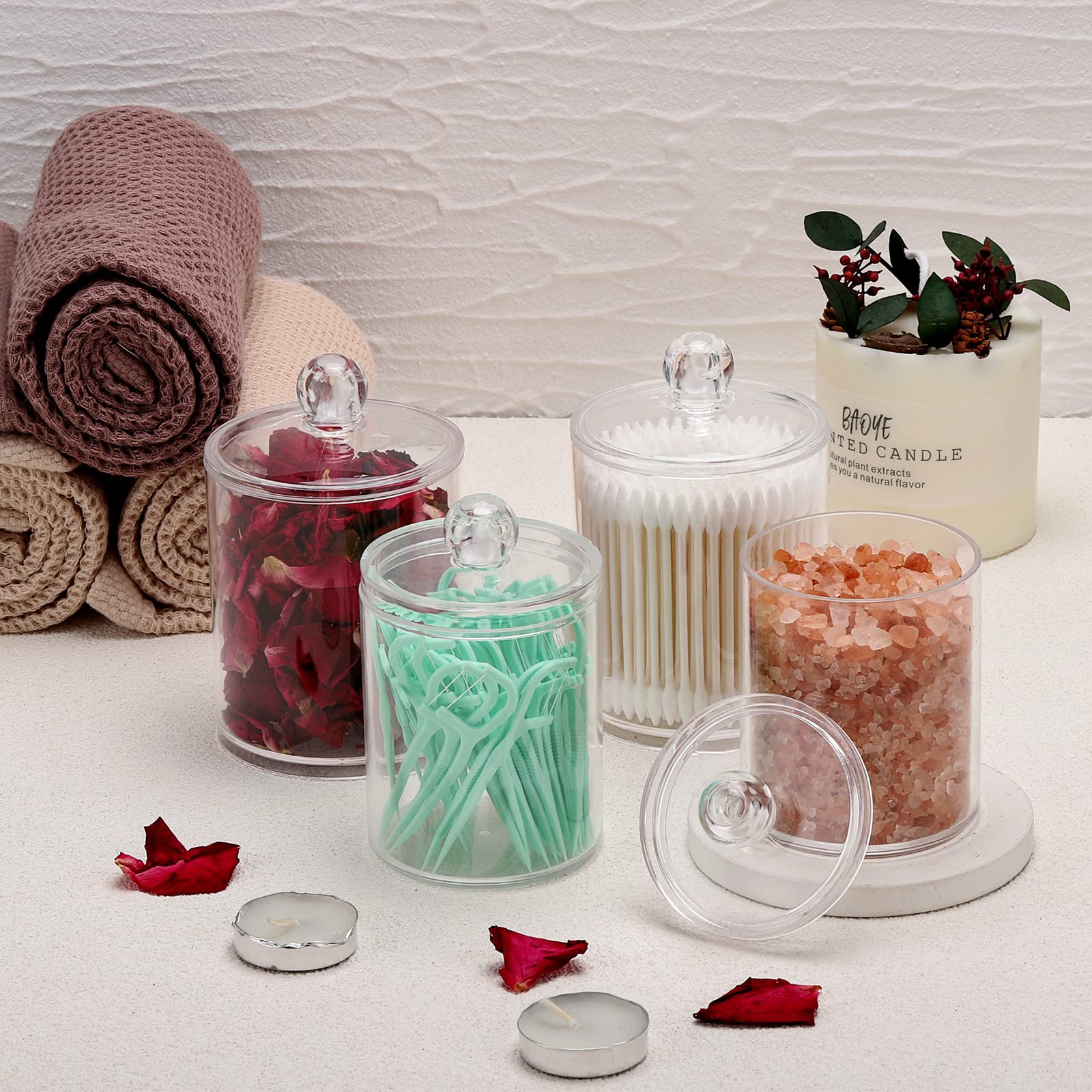 Tbestmax 4 Pack Qtip Holder - 10 oz, 12 oz Restroom Bathroom Organizers and Storage Containers, Clear Plastic Apothecary Jars with Lids for Cotton Ball, Cotton Swab, Cotton Round Pads, Floss