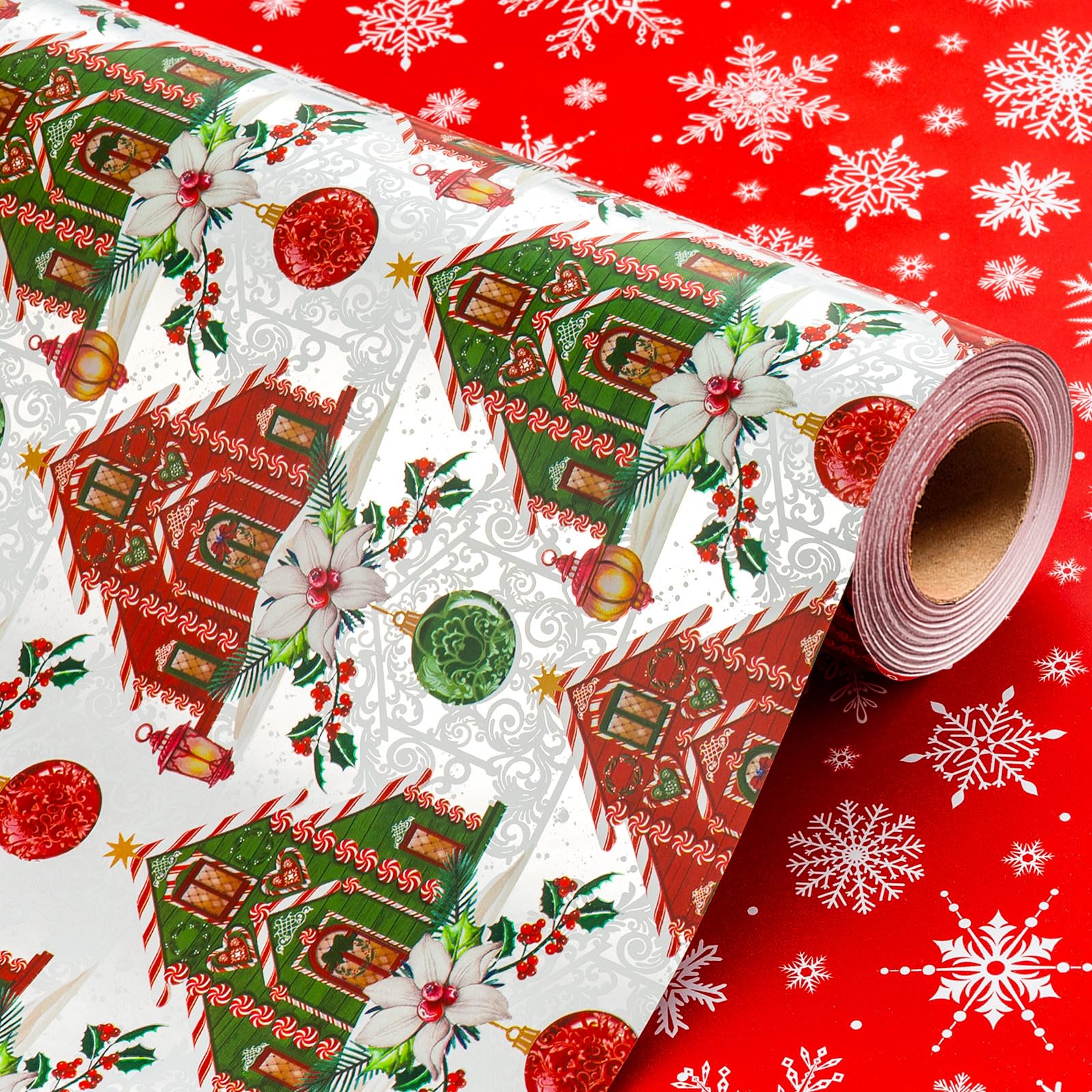Wikadlik House Christmas Wrapping Paper - 43cm x 10m Mini Roll Traditional Christmas Ball and Dahlia Pattern Metallic Silver Gift Wrap Paper for Holiday Festive Celebration DIY Craft — image 1