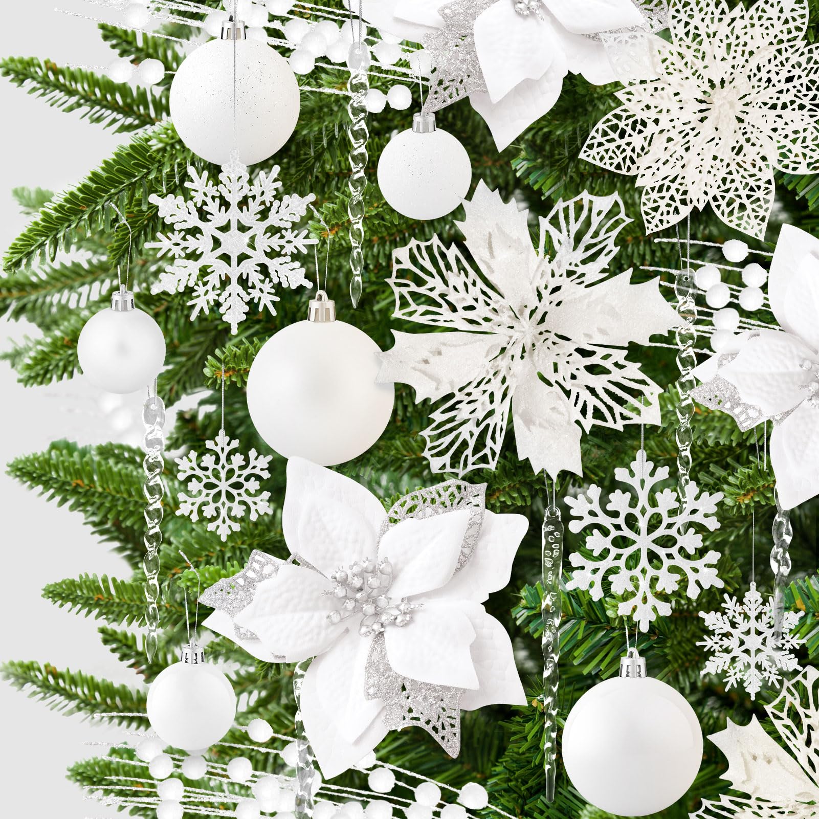 Boules de Noël blanc et flocon de neige, lot de 92 pièces pour décoration de sapin festive
