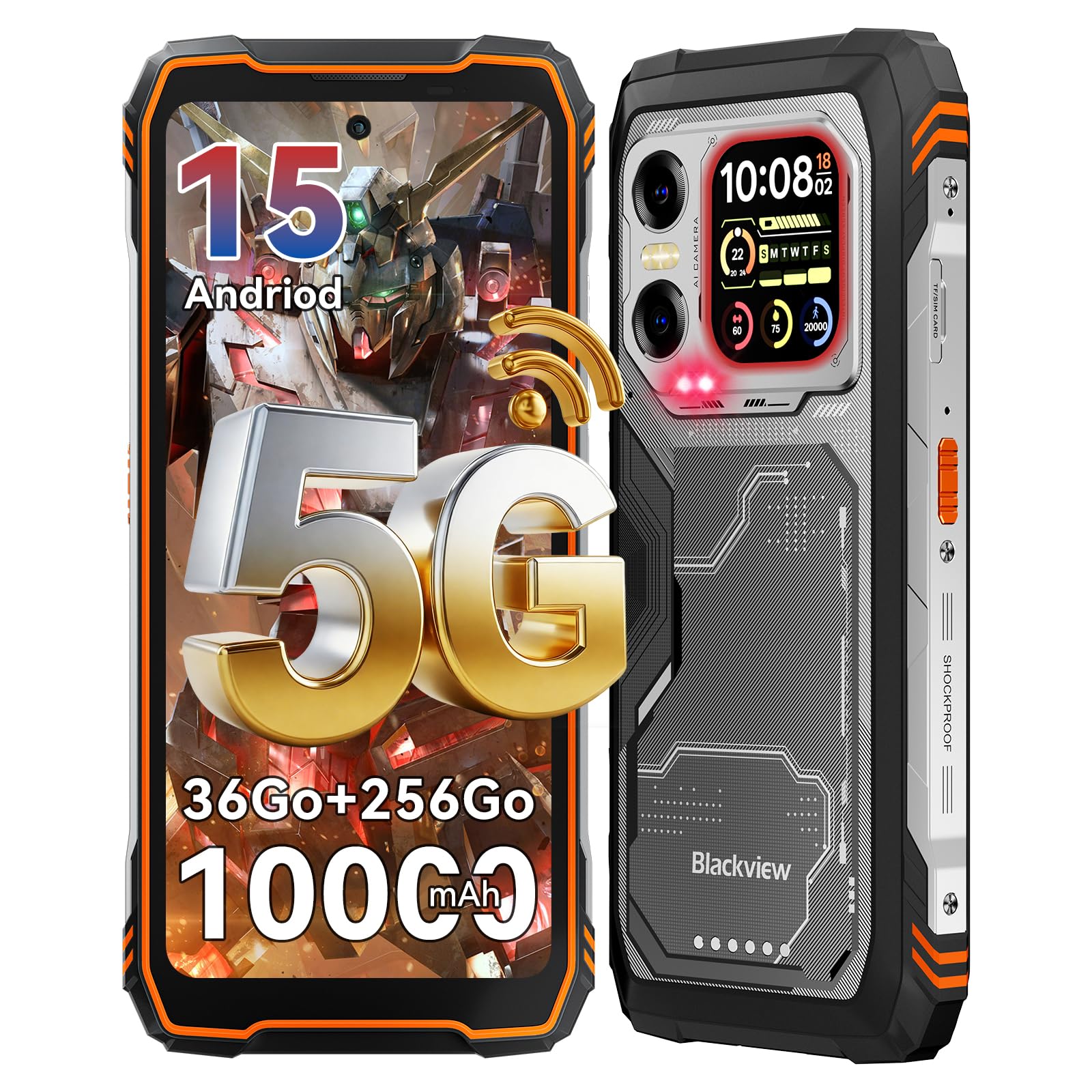 Blackview XPLORE X1 5G Téléphone Portable Incassable, 108MP+50MP+20MP Vision Nocturne, 6.78" 120Hz+2.01" Écran Secondaire, 36Go+256Go/2To Smartphone Incassable, 10000mAh, Mode Gants/IP69K/NFC/WiFi 6