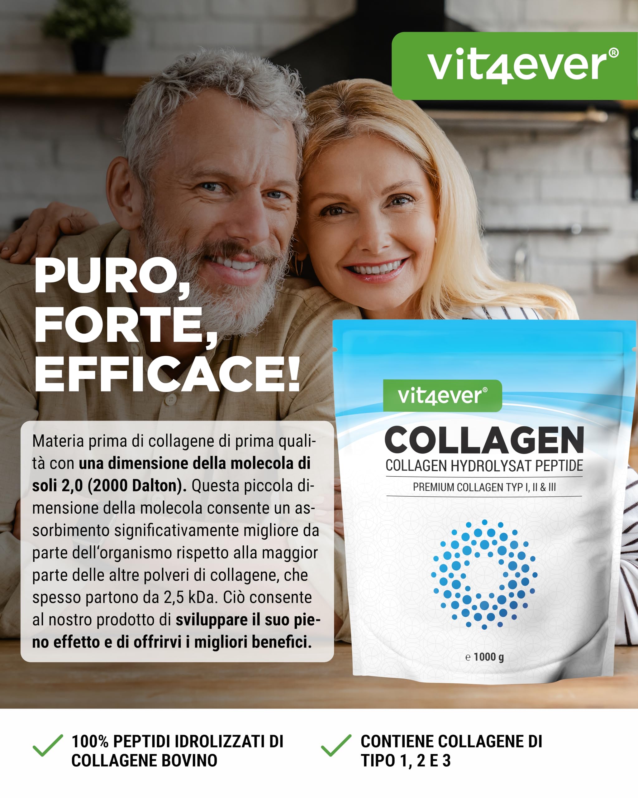 Collagene in Polvere 1000 g - 100% Peptidi idrolizzati di Collagene Bioattivo - Collagene di Tipo 1, 2 e 3 - Sapore Neutro - Senza additivi