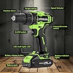 WORKBLESS 21V Ensemble de perceuses, perceuse sans fil avec batterie et chargeur, 3/8'' Keyless Chuck, vitesse variable, réglage du couple 18+1 et 28pcs Ensemble d'outils pour Bits(vert)