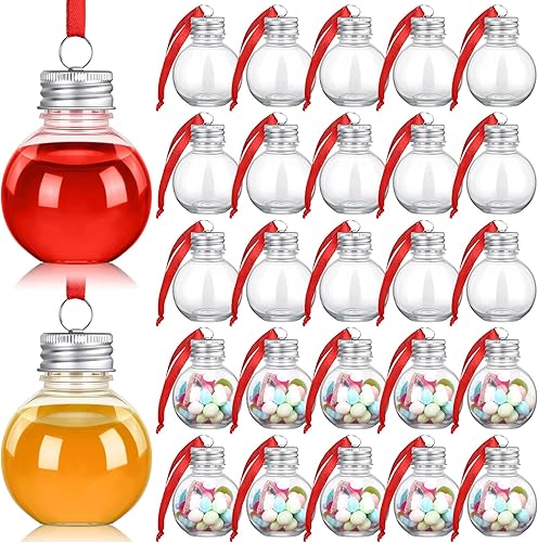 60 bolas de alcohol de Navidad de plástico rellenables para árbol de Navidad, adornos colgantes de botellas transparentes con cuerdas rojas para el