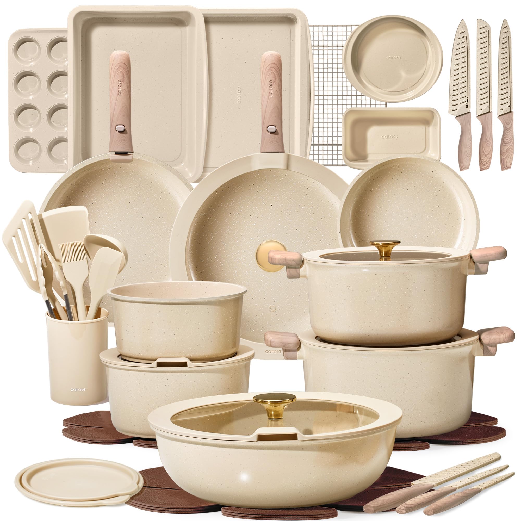 CAROTE 49pcs Pots and Pans Set, Ceramic Cookware Set with Detachable Handle | Baking Pans Set, Knife Set, Non Stick, Induction Compatible, Dishwasher& Oven Safe, Space Saving, for Kitchen/RV/Camping