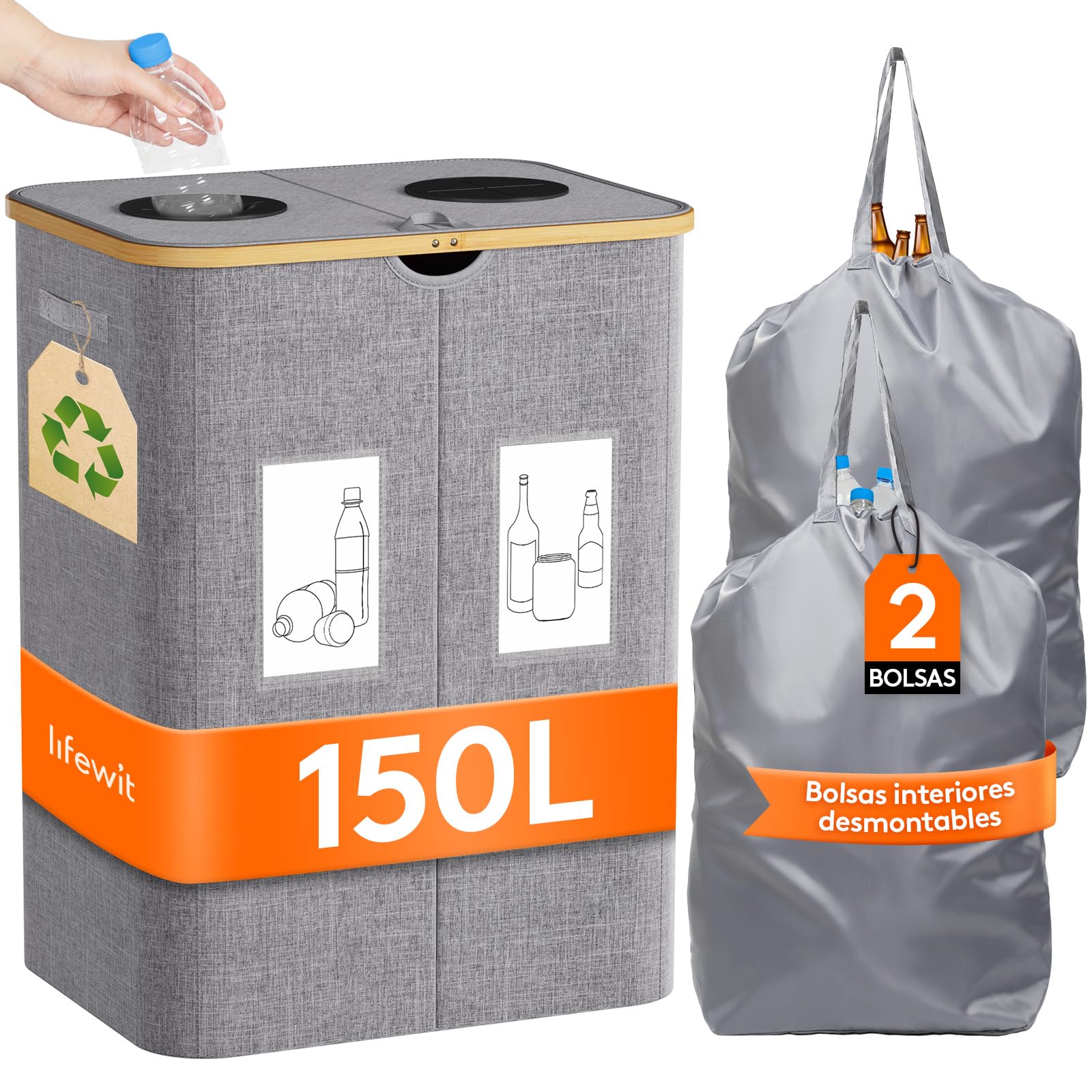 Lifewit Recolector Botellas con Tapa, 2 Compartimentos Contenedor de Clasificación Selectiva para Botellas de Plástico y Vidrio, Contenedor Reciclaje, Almacenamiento Cocina, Gris Claro 150 L