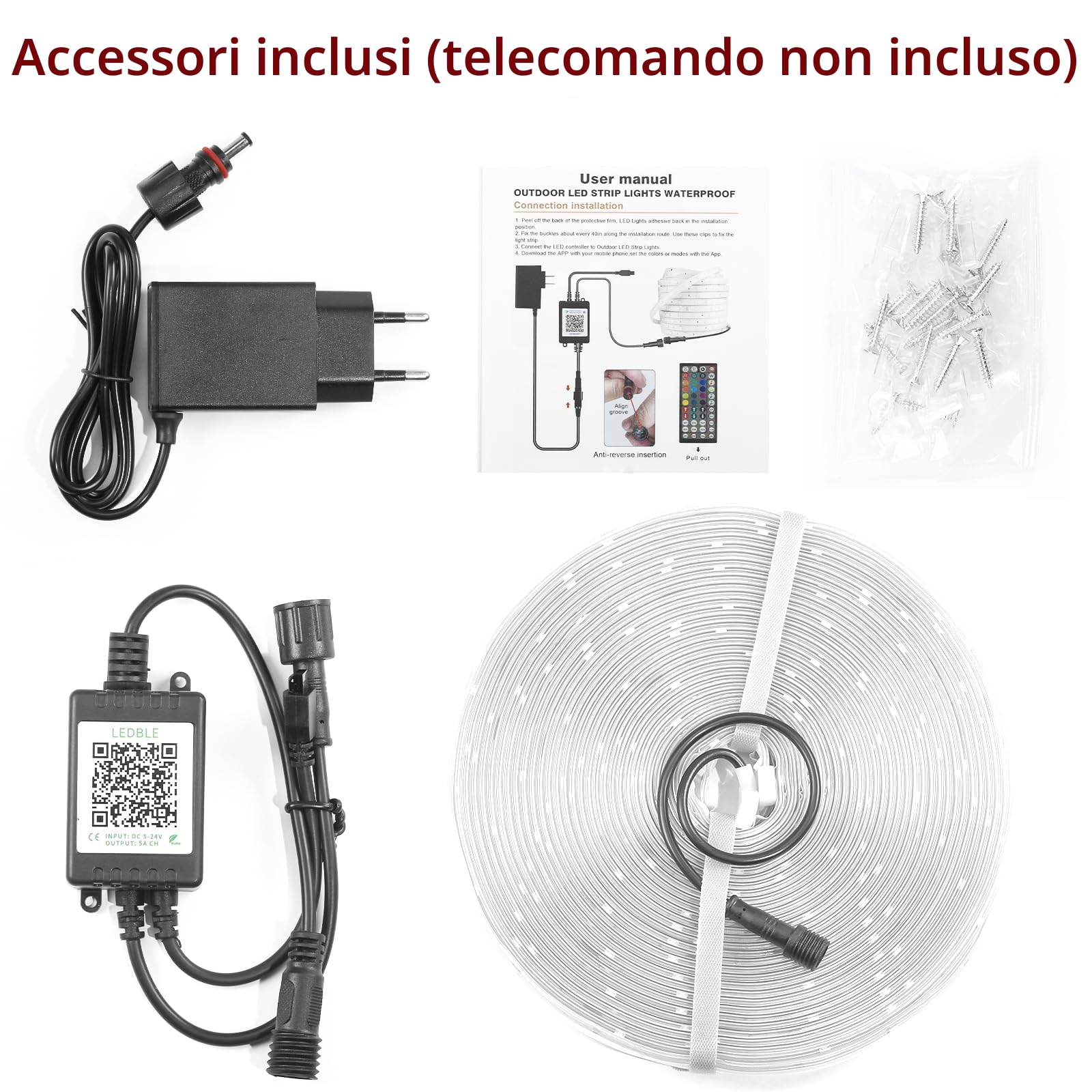 Striscia LED per esterni, 20 m, Smart IP67, musica sync, controllo app, montaggio a parete, RGB, impermeabile, per balcone, giardino, camera da letto, Natale, Halloween (No Remote Control)