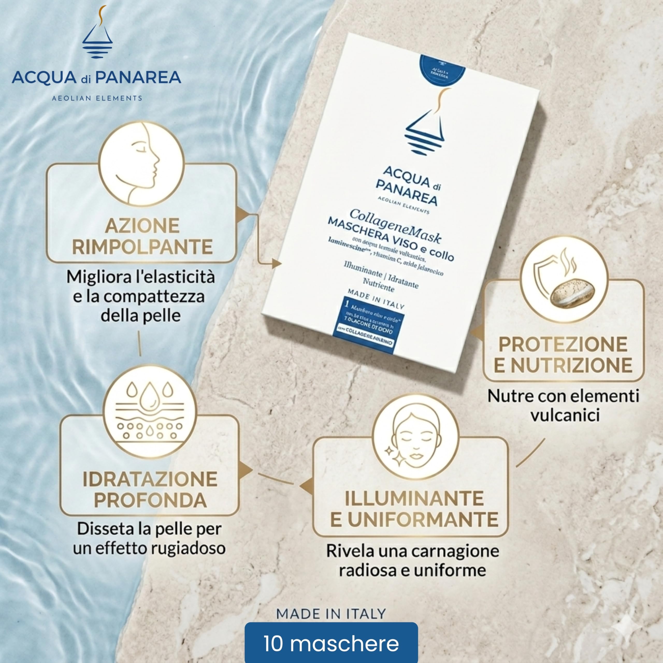 Acqua di Panarea CollageneMask Maschera Viso e Collo con Collagene Marino, Vitamina C, Acido Ialuronico e Acqua Termale Vulcanica, Idratante e Illuminante, Made in Italy