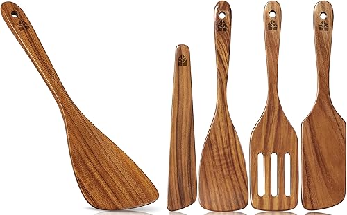 Espátula de madera de acacia para cocinar de 12 pulgadas y espátulas de teca para uso en cocina, juego de 4 piezas, fácil de limpiar, larga duración