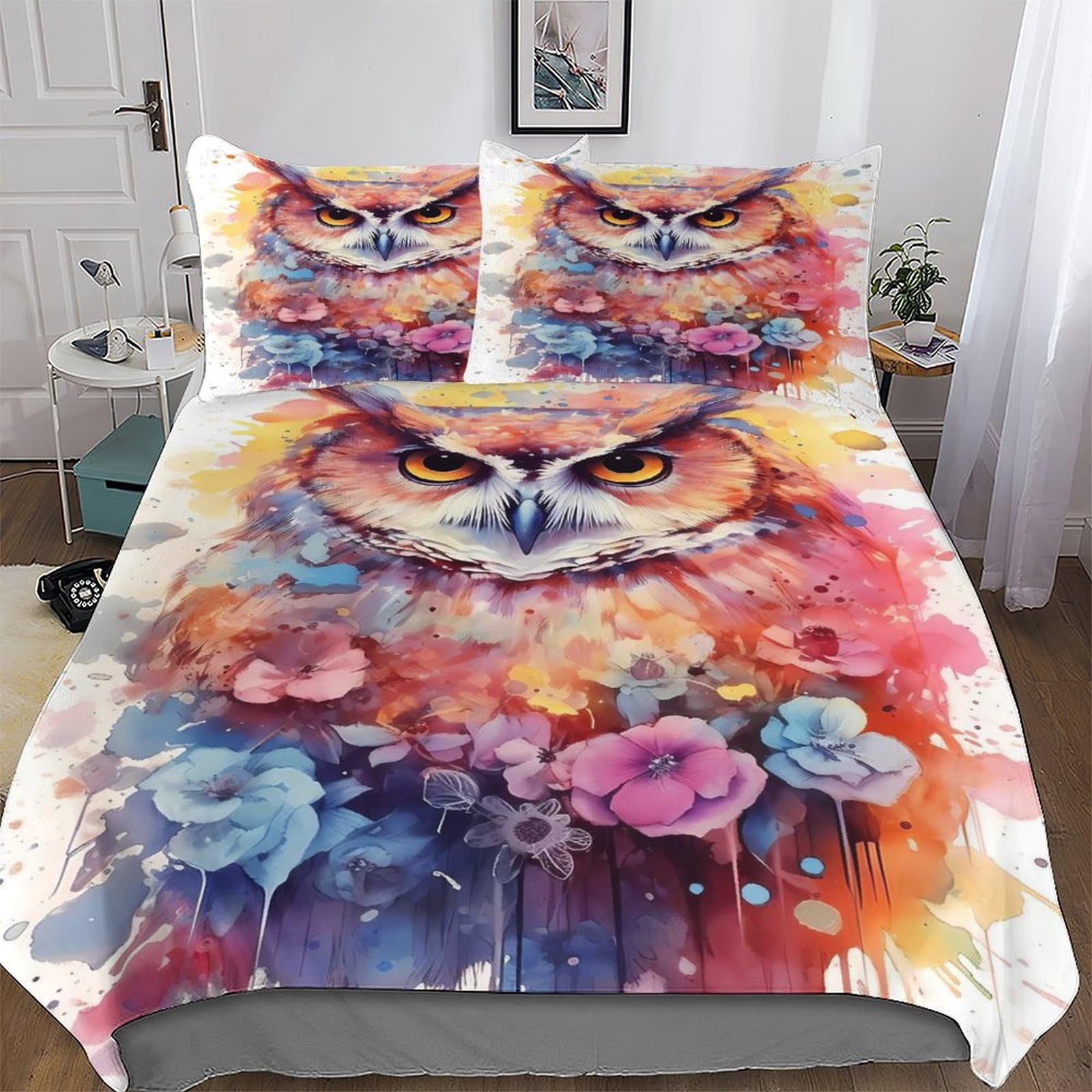 Owl Duvet Cover, Soft & Cosy Polycotton Quilt Cover Bedding Sets 3 Pieces With Pillowcase Easy Care Anti Allergic Comforter Cover for Kids, Youth And Adult King (220x240cm)