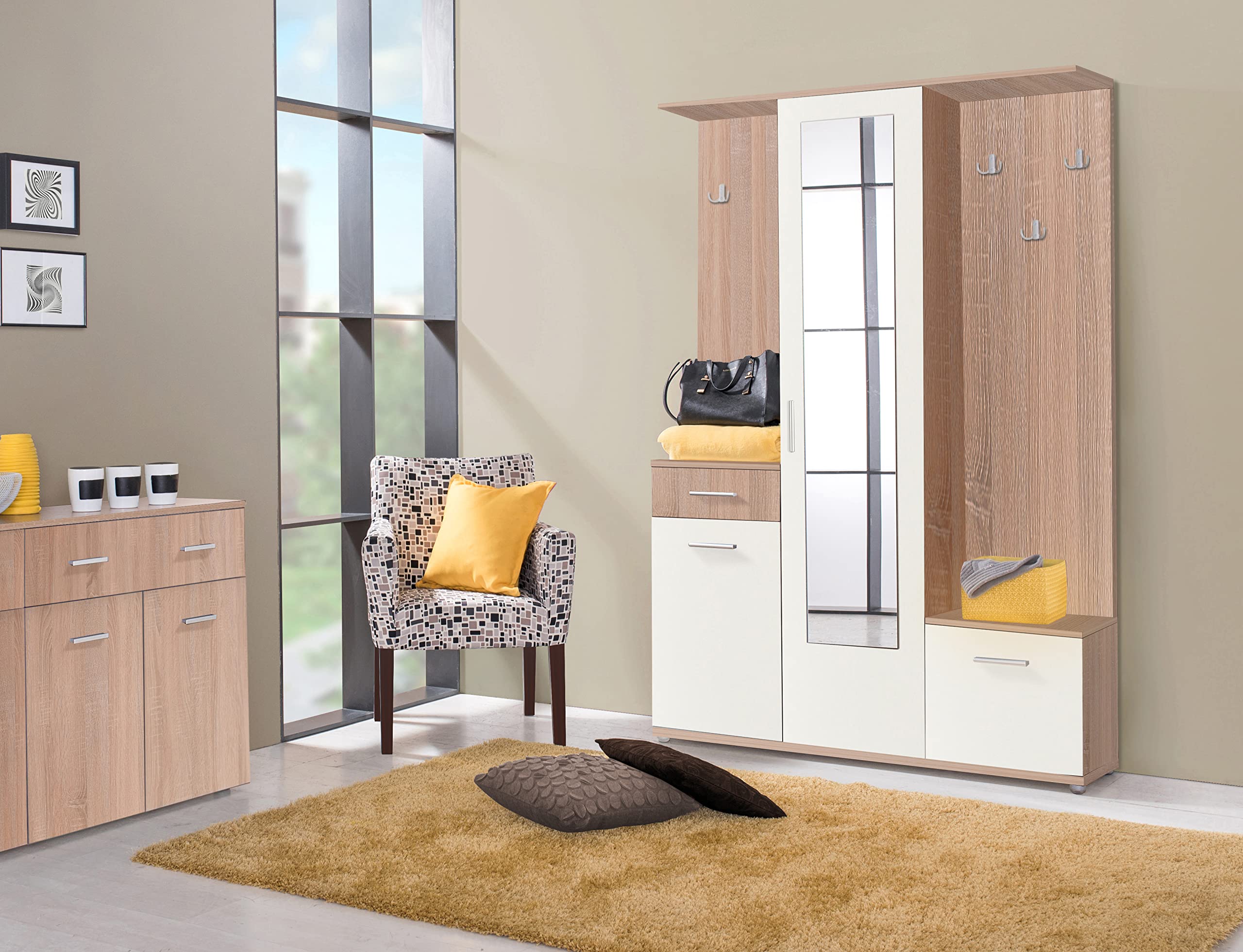 Arredo Stock Mobile da ingresso con armadio, portascarpe, specchio cassetto ed attaccapanni bianco con finiture effetto cemento, 133x197x33 cm (Quercia)