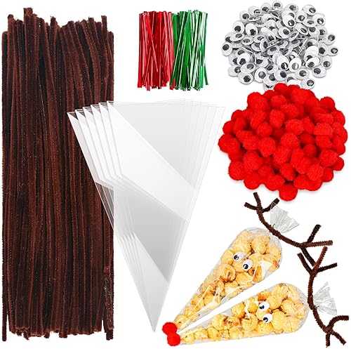 Whaline Juego de 500 bolsas de cono de Navidad transparentes, tallos de felpilla marrón, bolas de pompón rojo y ojos ondulados, juego de limpiadores disponible en Yaxa Peru
