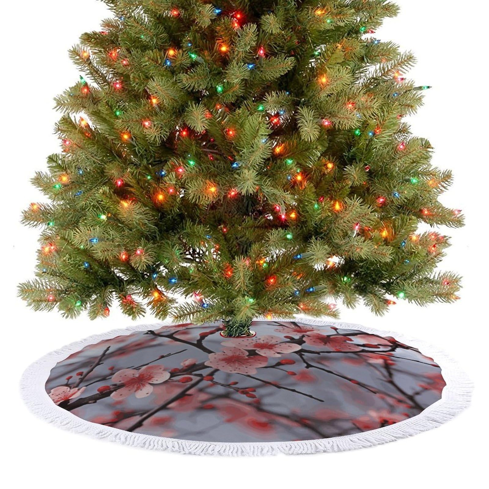 Delicate Cherry Blossoms Christmas Tree Skirt 36"x36" Rustic Xmas Tree Mat with Tassel Ornament Christmas Trees Cover Skirt Mat for Evergreen Trees Ornament Winter Holiday Mats Decorations