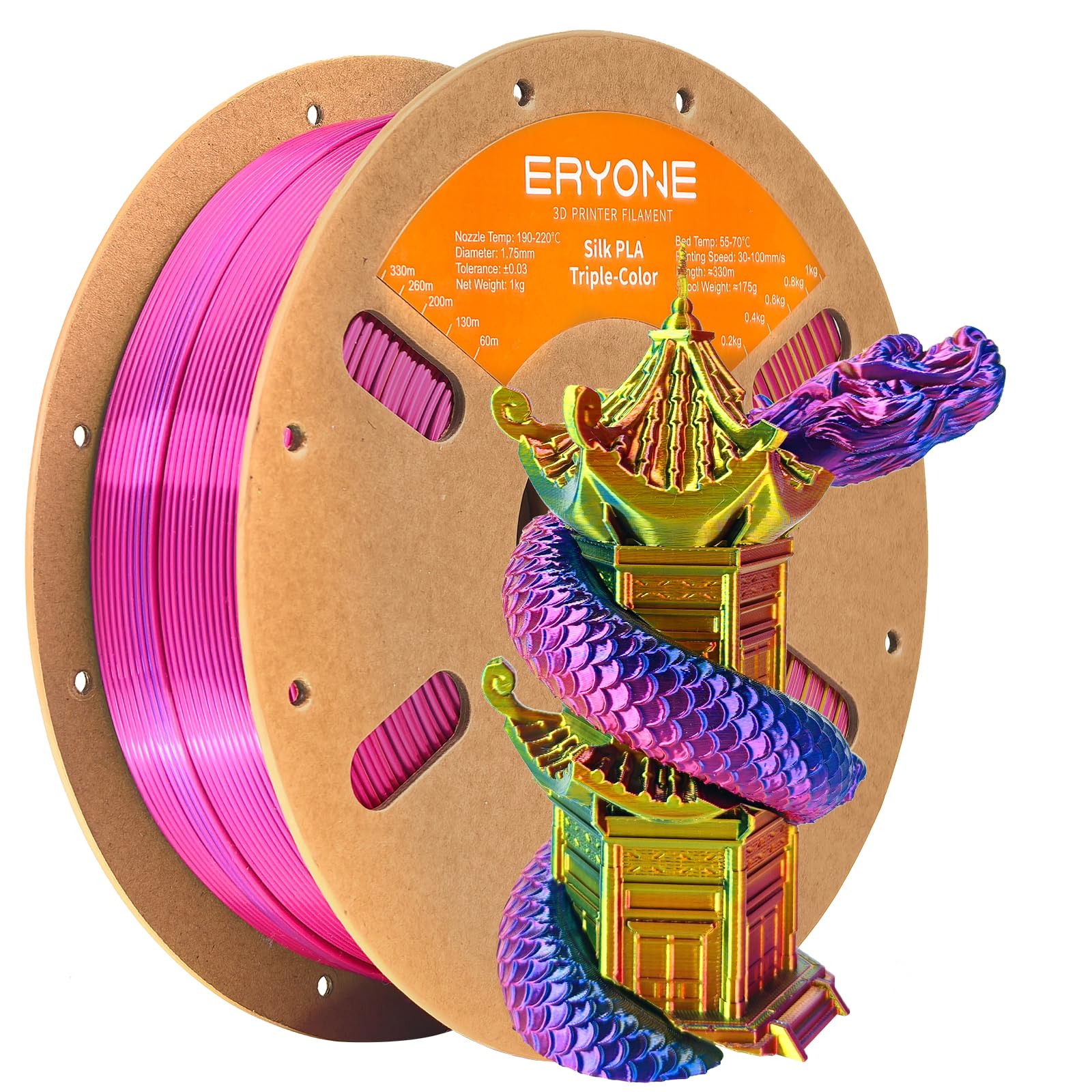 ERYONE Silk Tri Color PLA Filament 3D Printer 1.75mm +/- 0.03mm, Multicolor Filament Tricolor PLA 1KG(2.2lbs) Cardboard Spool, Red Yellow Blue