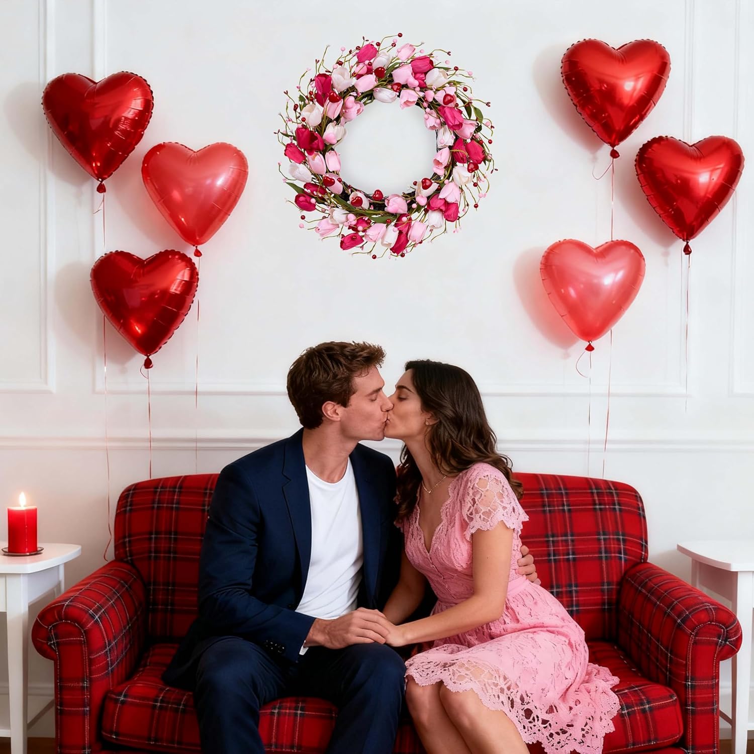 Valentines Day Decorations 20 Inch Valentine's Day Wreath Pink Valentine Wreaths for Front Door with Red Love Heart Berries Pink Tulips Wedding Anniversary Decor - Image 6