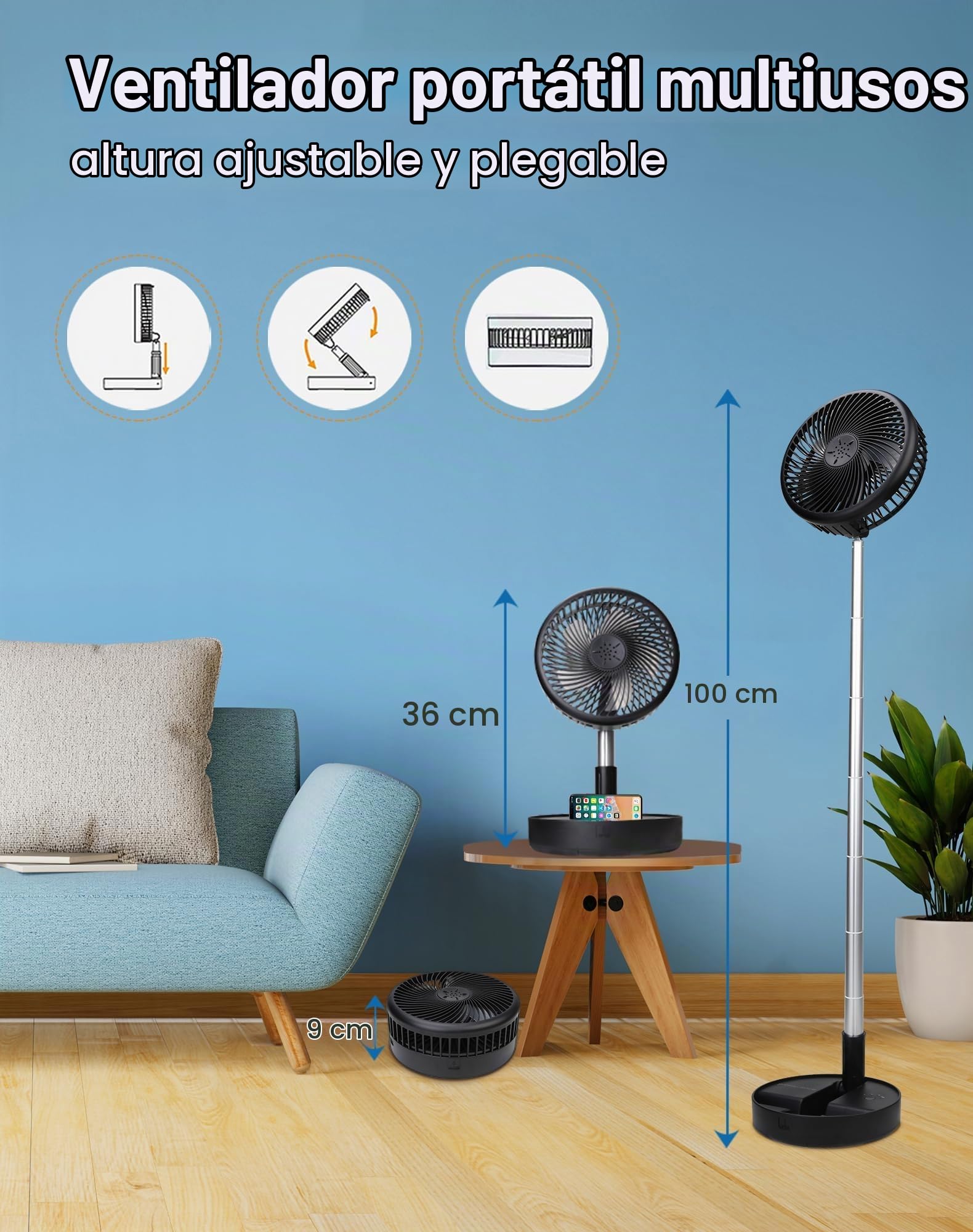Ventilador recargable portátil, 7200 mAh con batería y mando a distancia