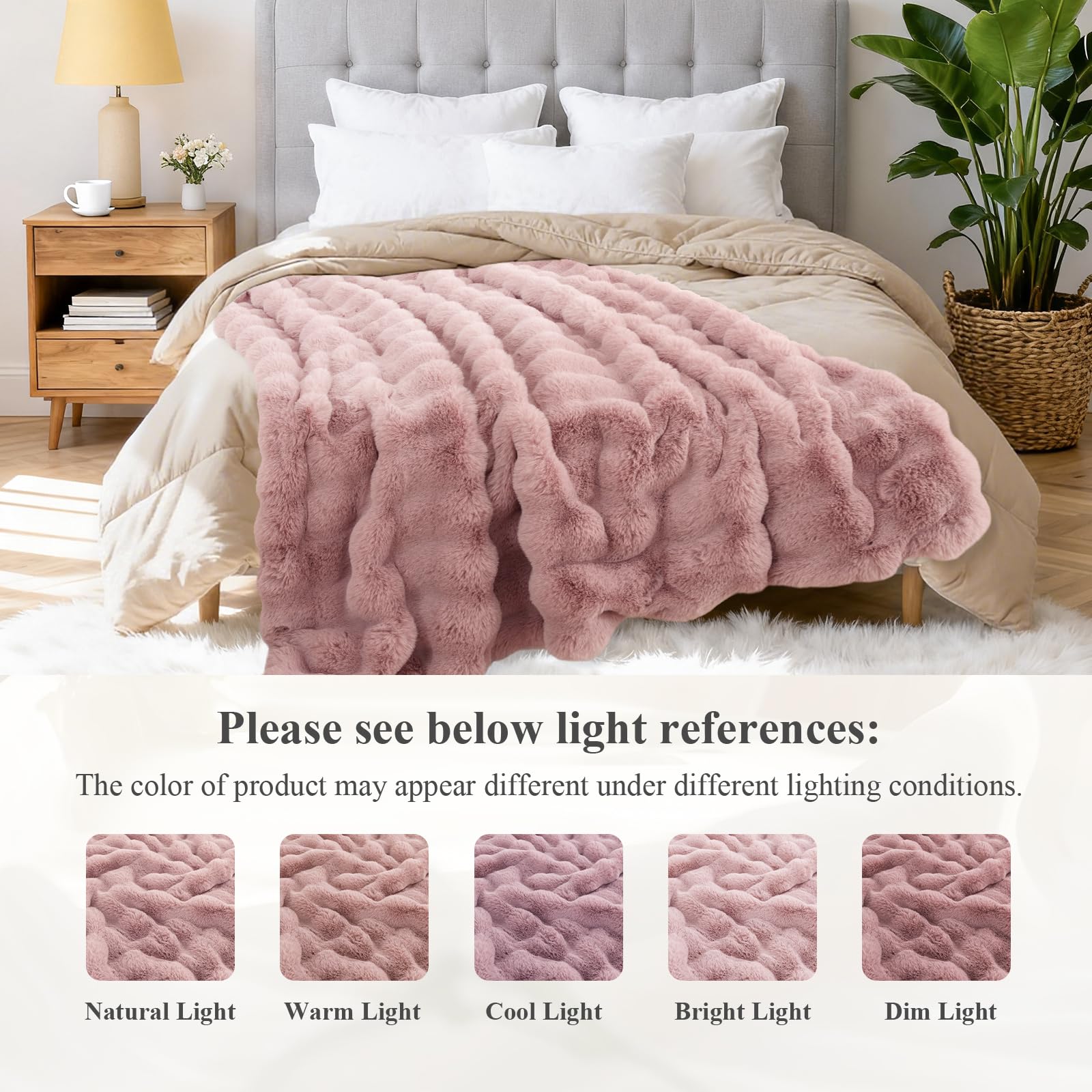 Enyhom Bubble Decke 152x203 cm Rosa, Kaninchen Fellimitat Flauschig Weiche Warme Kuscheldecke, Sofadecke für Sofa Couch Bett Haustier Schlafzimmer Wohnzimmer Deko