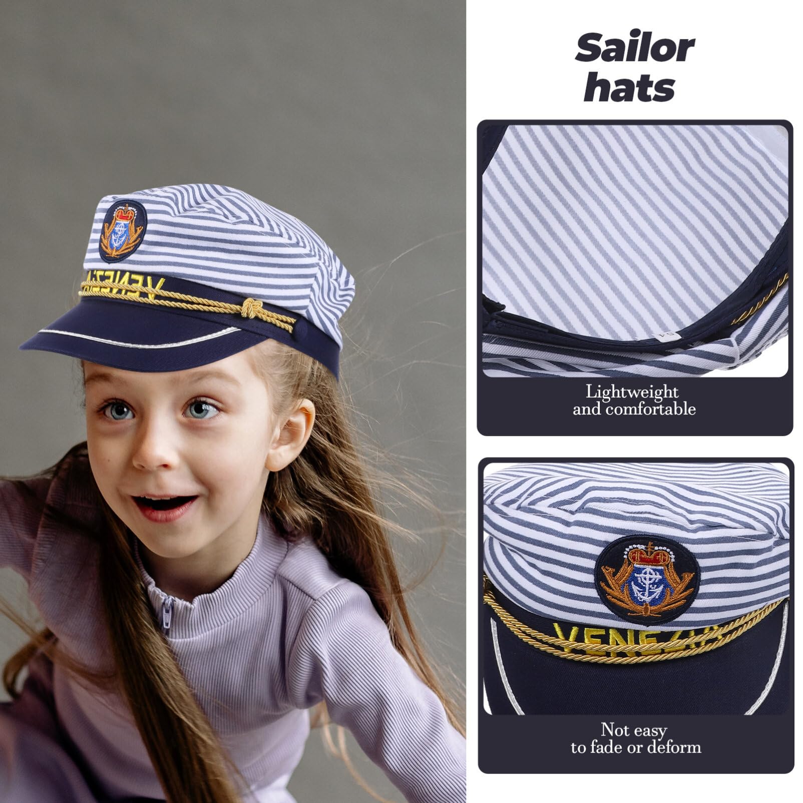 Cappello da Capitano a Righe Blu per Ragazzo Ragazza 2 Pezzi Regolabile | Taglie Adulto 58cm e Ragazzo Ragazza 54cm, per Scena e Festa, Stile Berretto Dettagli a Strisce