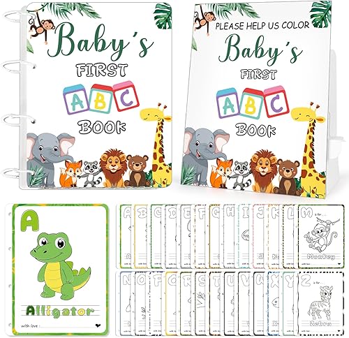 Baby's First ABC Book Baby Shower Juego de 26 tarjetas para colorear del alfabeto animal de la A a la Z para baby shower, libro de invitados