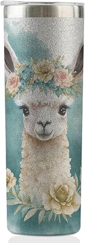Onebttl Llama Gifts for Women, Alpaca Gifts for Alpaca Lovers, 20oz Vacuum Insulated Stainless Steel Skinny Tumbler with Lid and Straw, Glitter Silver