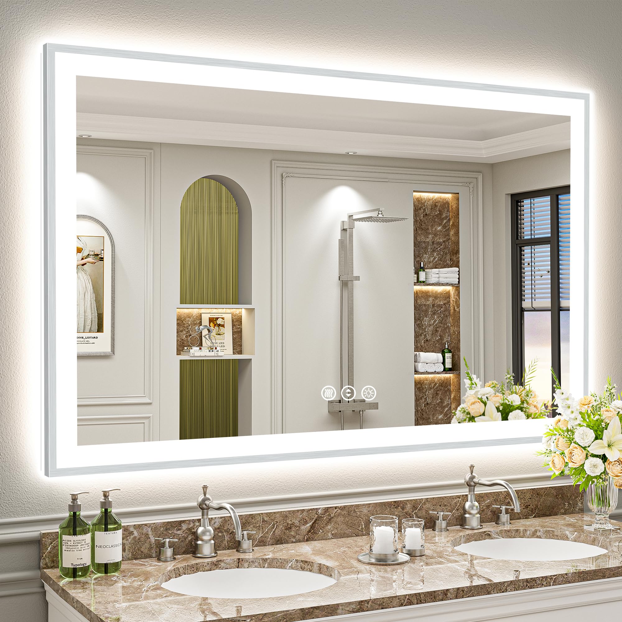 60x40 Brushed Nickel LED Bathroom Mirror with Lights, Backlit &amp; Front-Lit, Anti-Fog, Framed Lighted Vanity Mirrors for Bathroom Wall, Dimmable, 3 Colors, Memory, Shatter-Proof, Tempered Glass